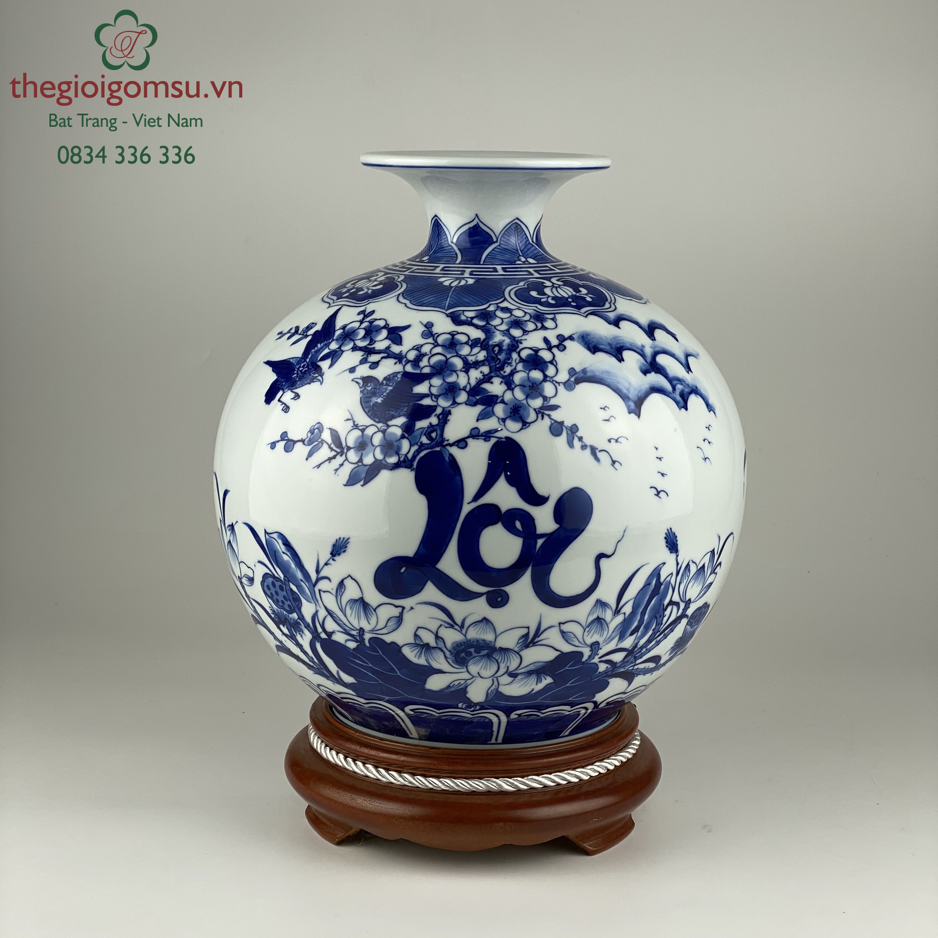 Bình hút tài lộc "Chữ lộc hoa sen" xanh đại thanh