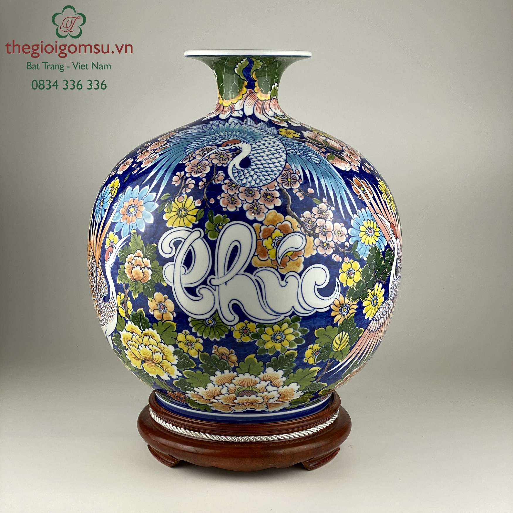 Bình hút tài lộc "Chim hạc chữ phúc trắng" nền hoa