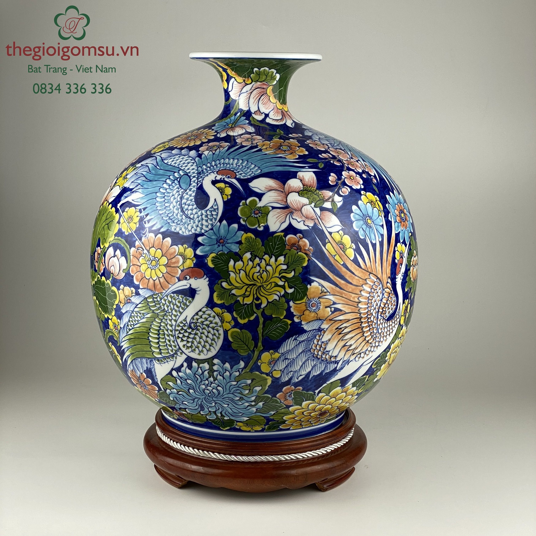 Bình hút tài lộc "Chim hạc chữ phúc trắng" nền hoa