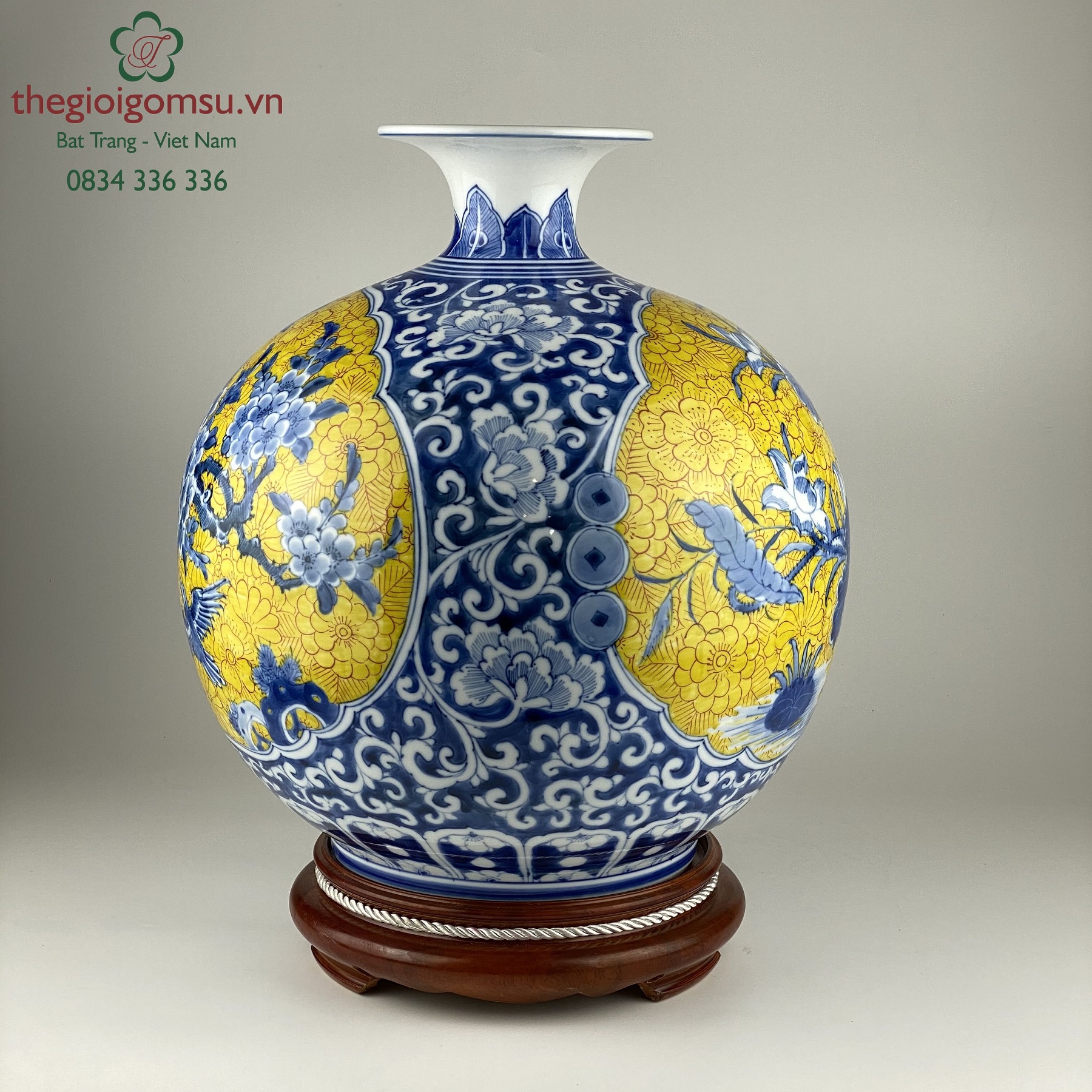 bình hút tài lộc "nhị cảnh đào sen" nền vàng đại cát