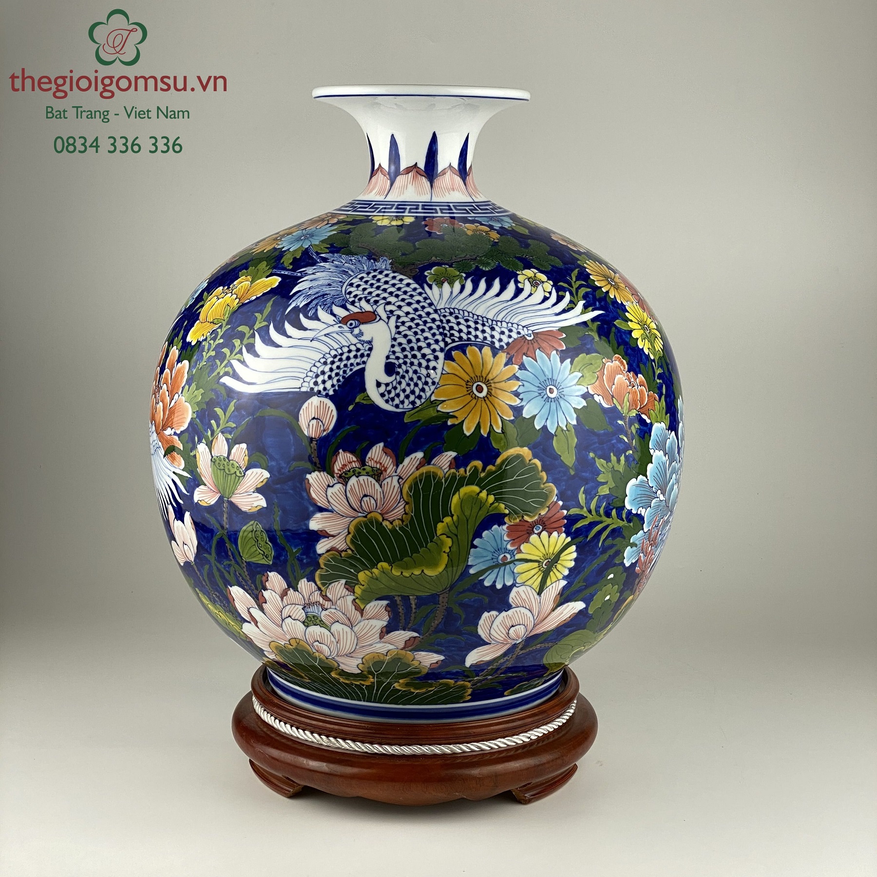 Bình hút tài lộc "Chim Hạc và hoa" nền xanh đại thanh