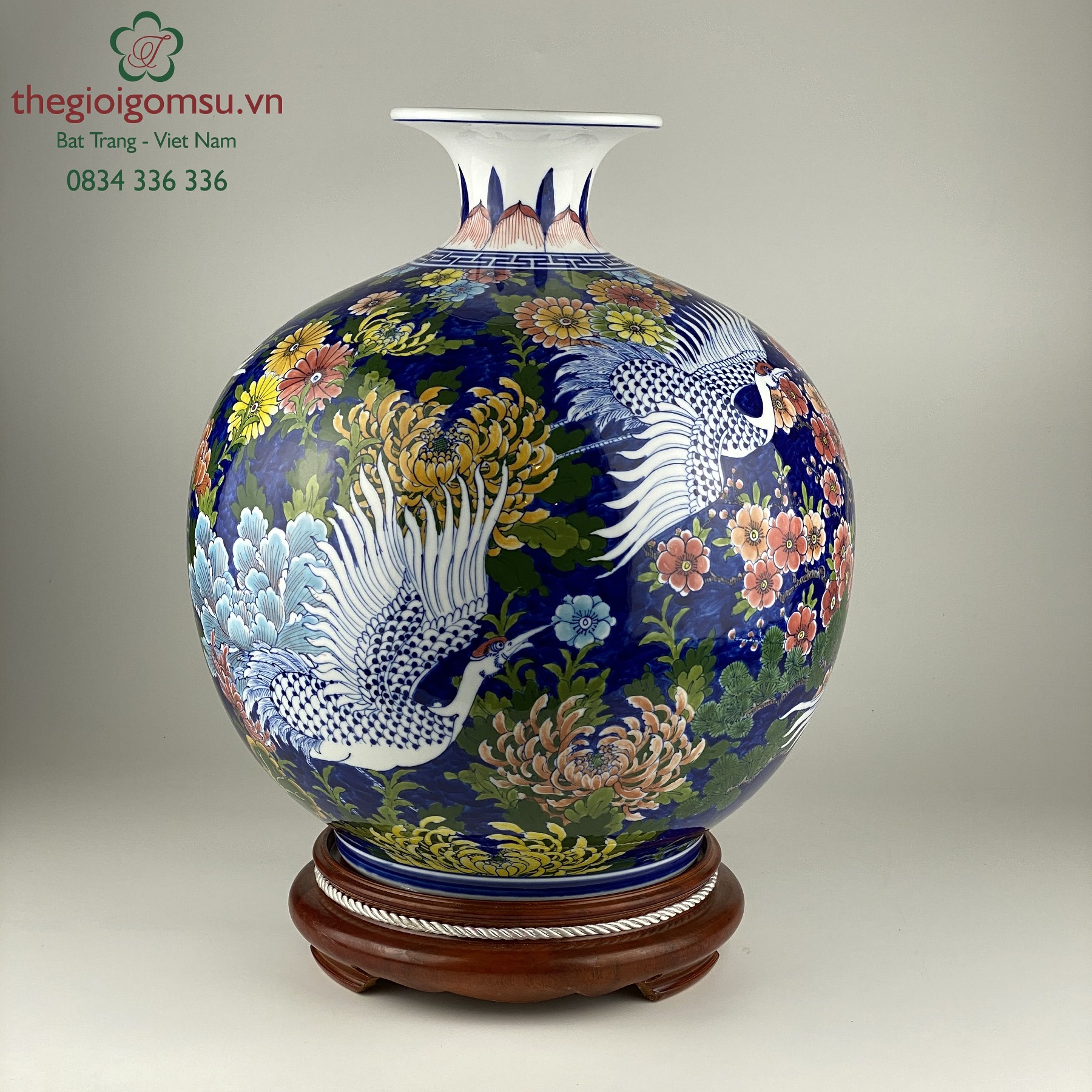 Bình hút tài lộc "Chim Hạc và hoa" nền xanh đại thanh