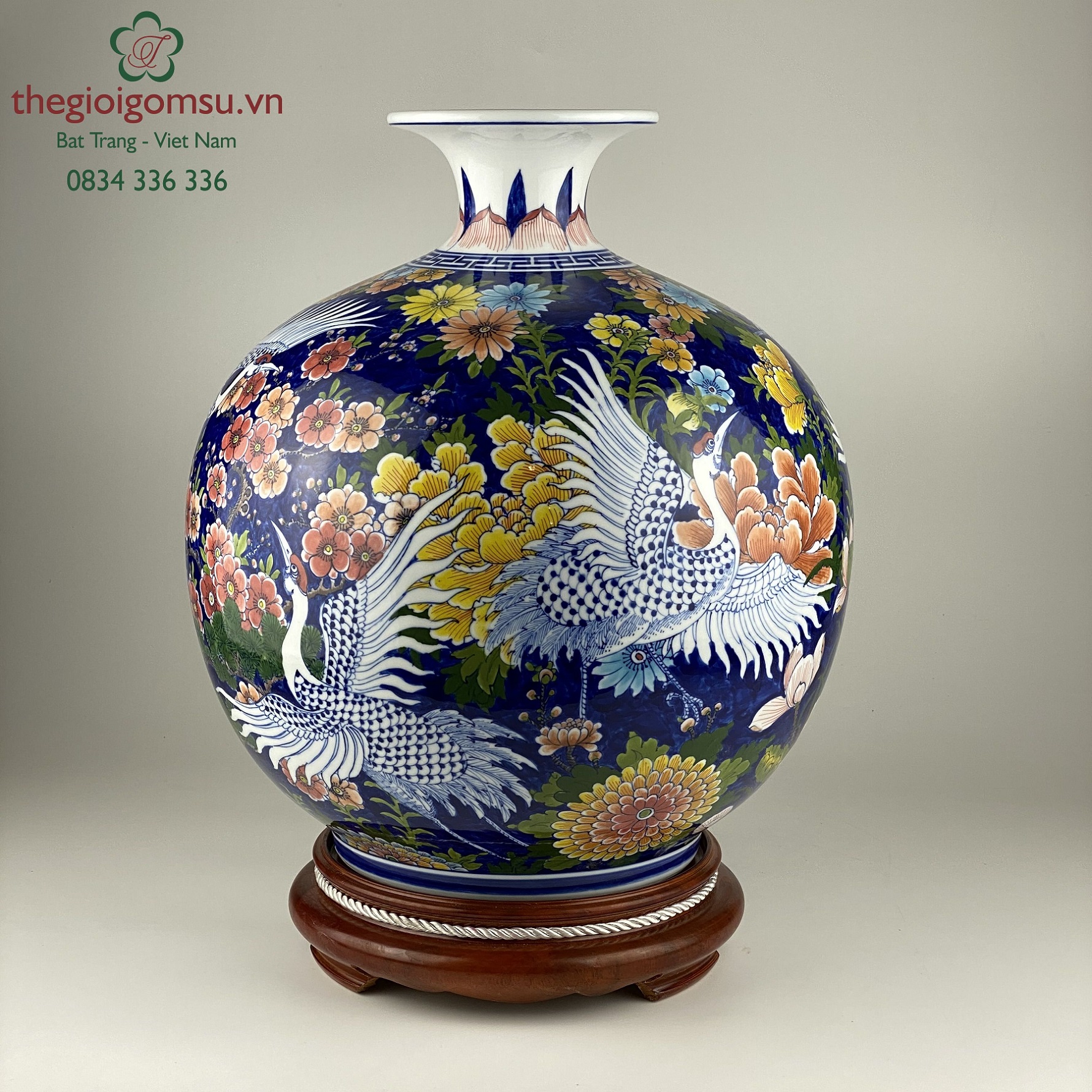 Bình hút tài lộc "Chim Hạc và hoa" nền xanh đại thanh