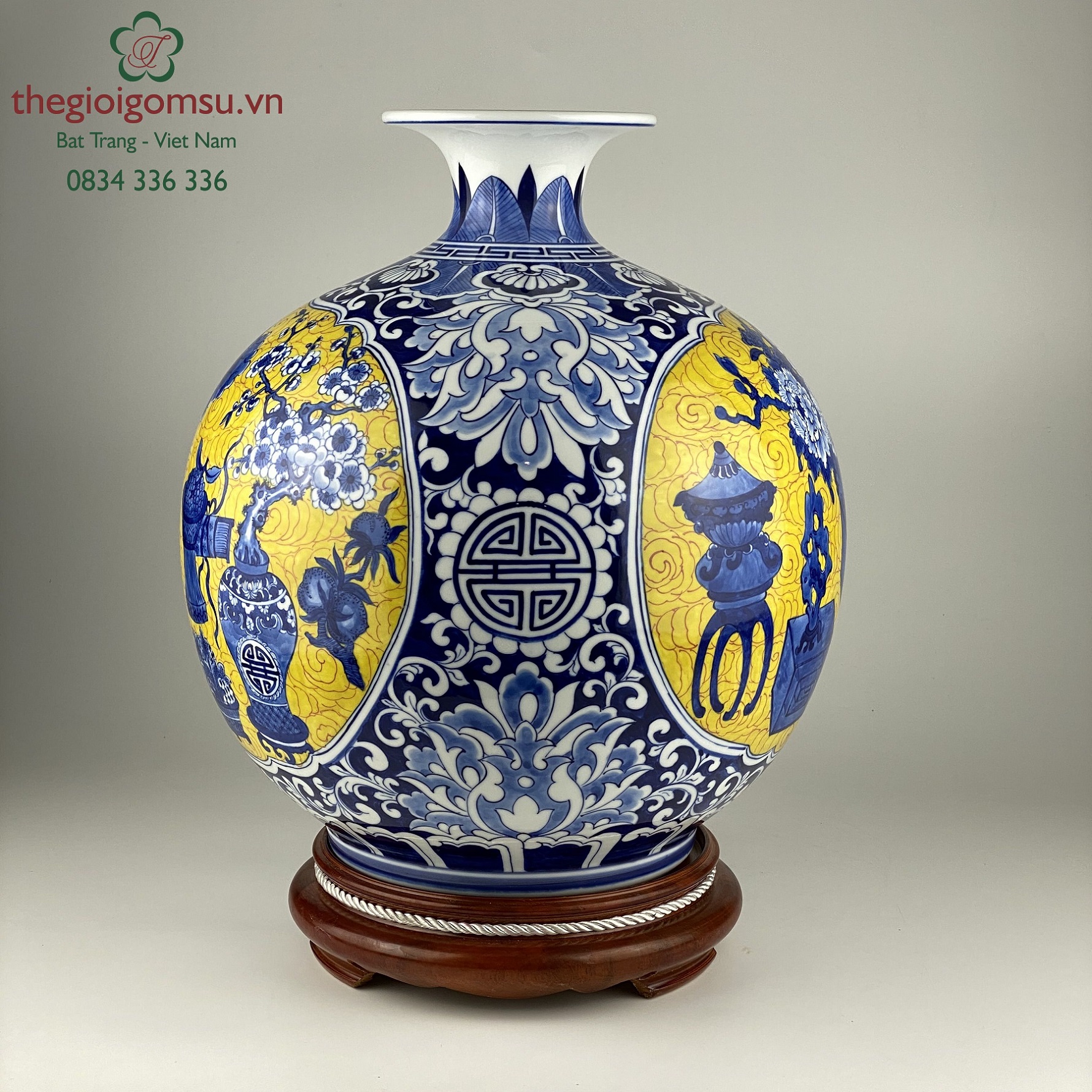 Bình hút tài lộc "vẽ cổ đồ bình an" xanh ngọc bích nền vàng