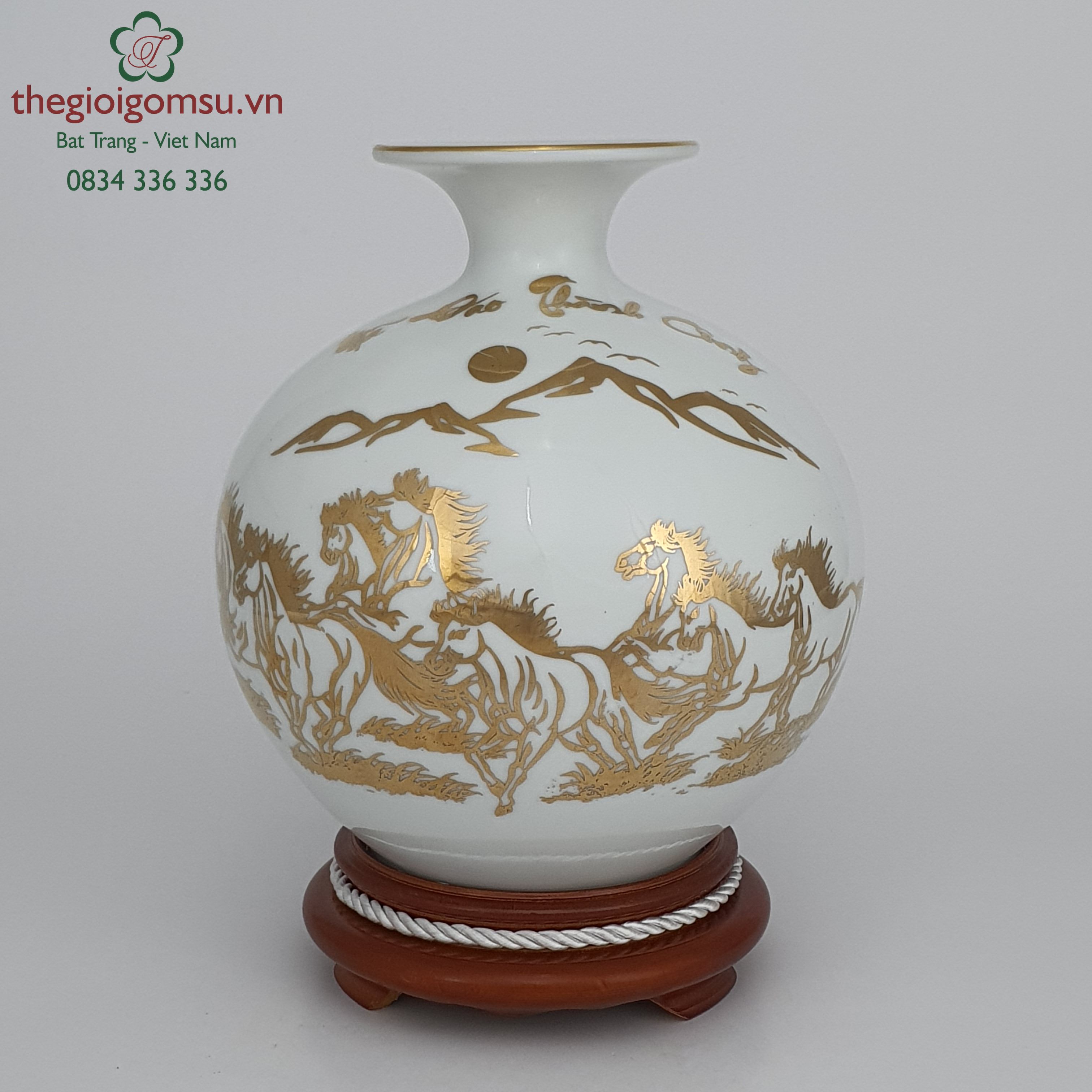 Bình hút tài lộc trắng tuyết " Mã đáo thành công" can vàng