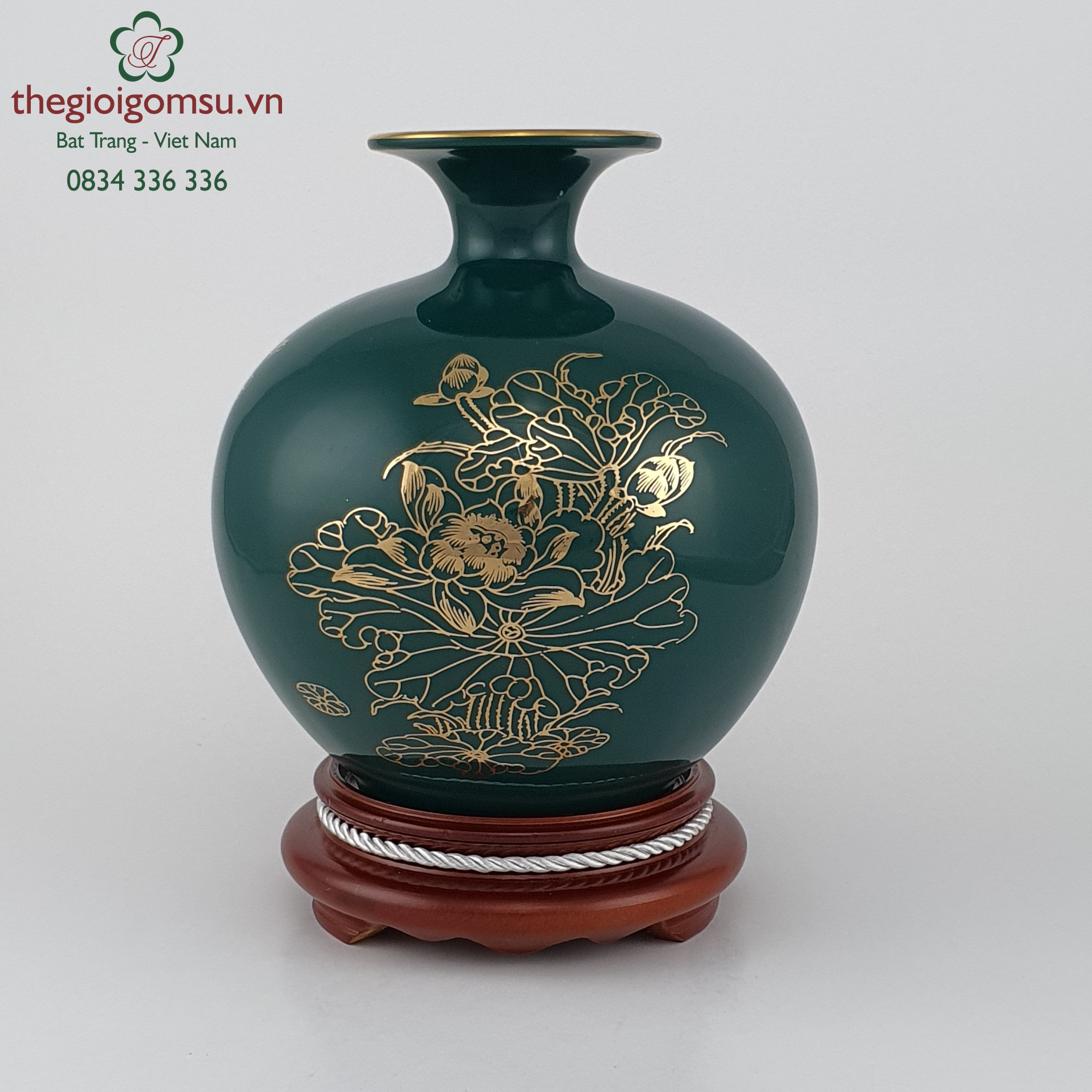 Bình hút tài lộc lục bảo " Chim trĩ hoa đào" can vàng