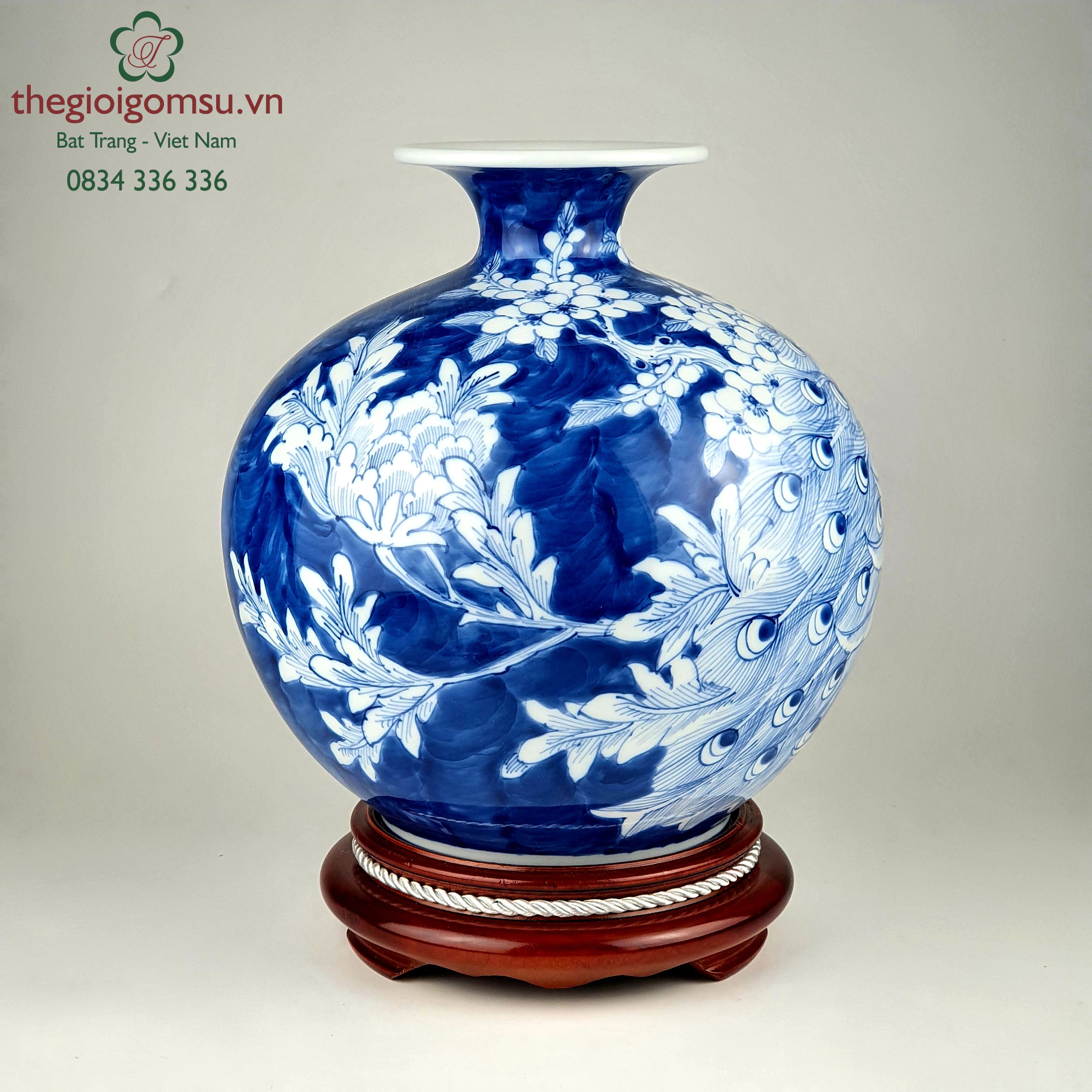 Bình Hút Tài Lộc lục bảo Họa Tiết "Chim Công Hoa Phù Dung" Gốm Sứ Bát Tràng