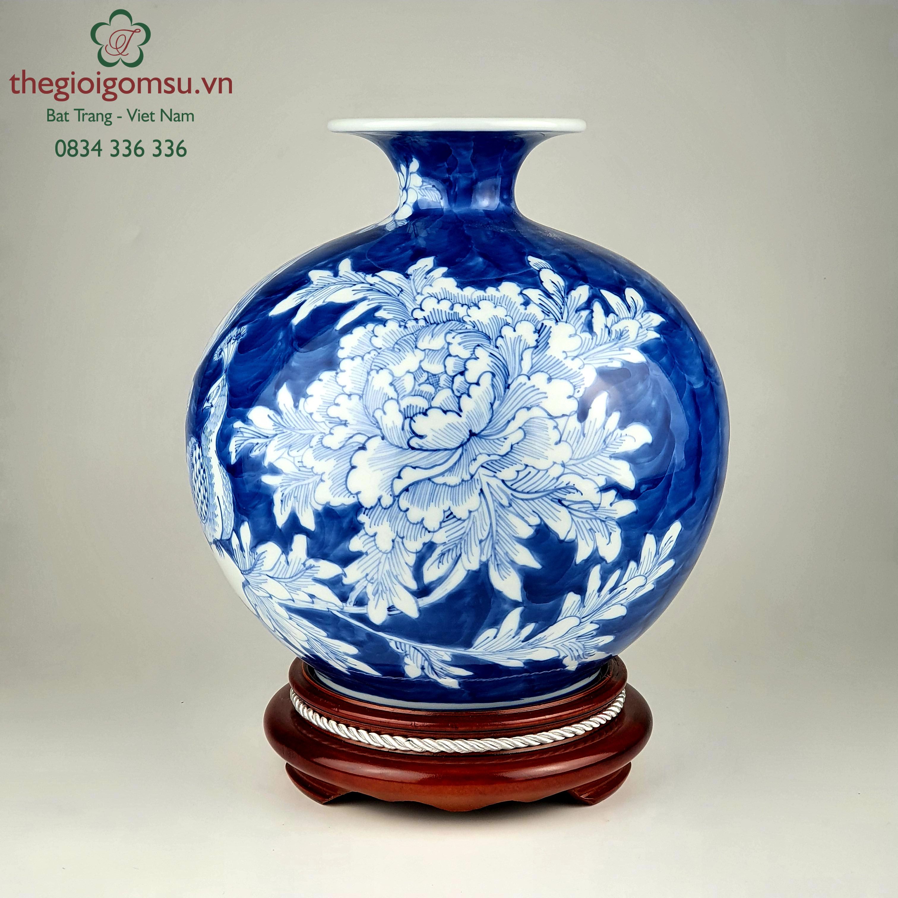 Bình Hút Tài Lộc lục bảo Họa Tiết "Chim Công Hoa Phù Dung" Gốm Sứ Bát Tràng