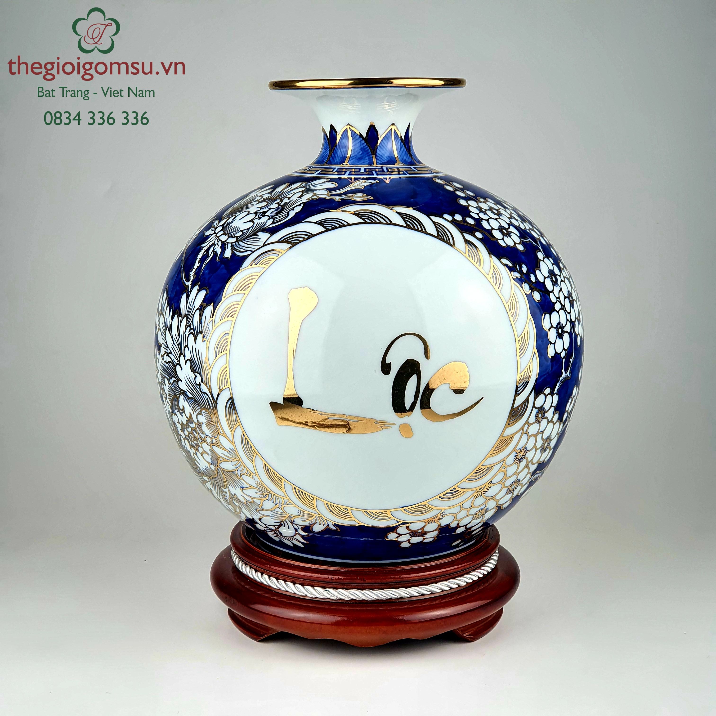 Bình hút tài lộc đại thanh "Tài- Lộc vàng hoa phù dung" vẽ vàng