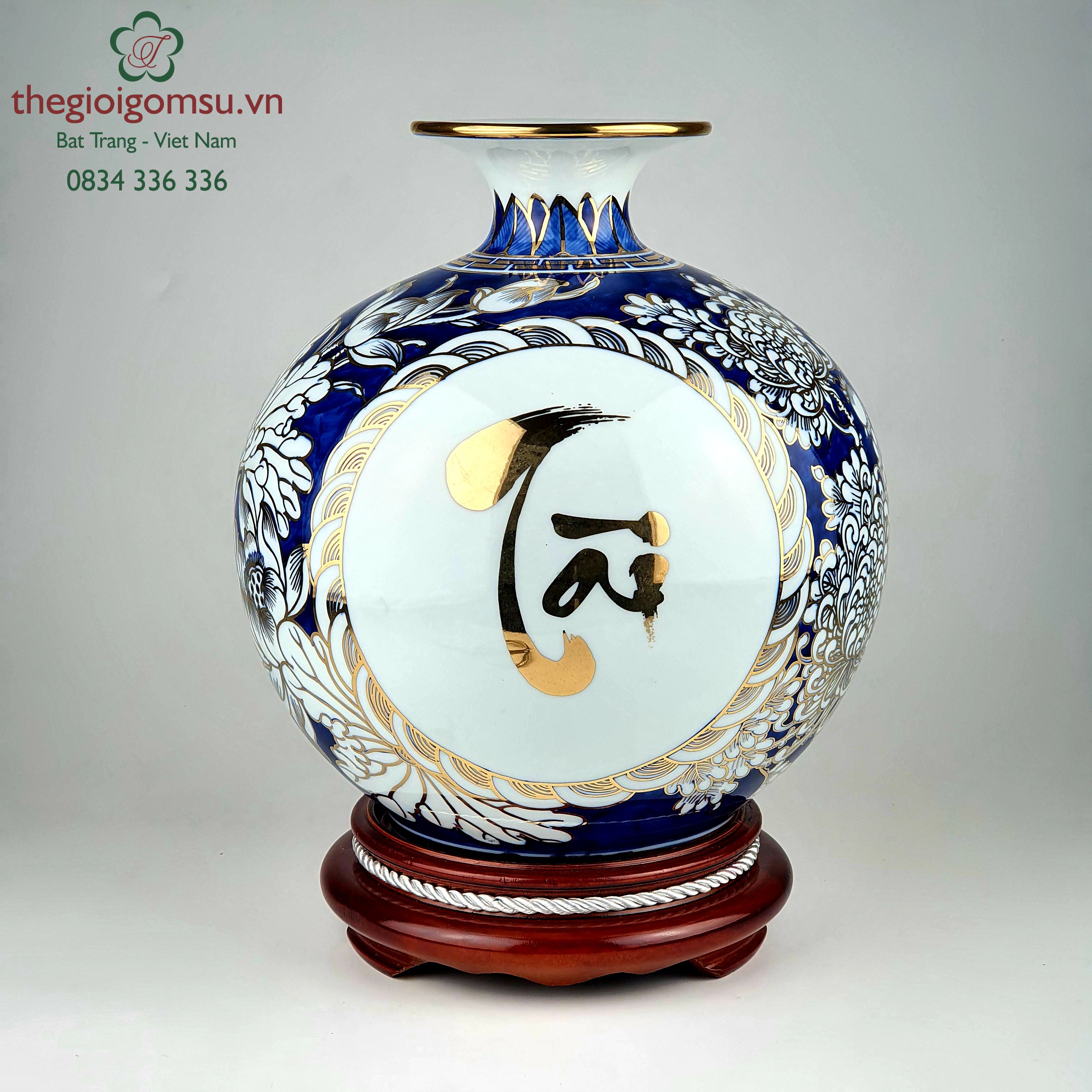 Bình hút tài lộc đại thanh "Tài- Lộc vàng hoa phù dung" vẽ vàng