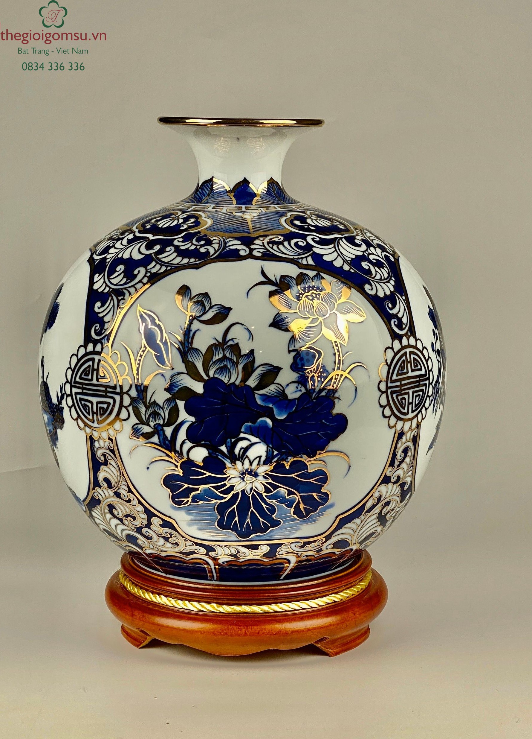 Bình hút Tài Lộc "Tứ Cảnh" men tràm vẽ vàng kim