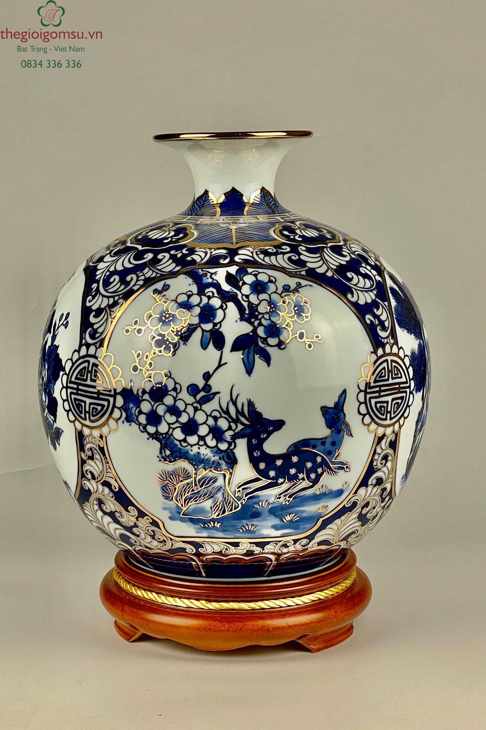 Bình hút Tài Lộc "Tứ Cảnh" men tràm vẽ vàng kim