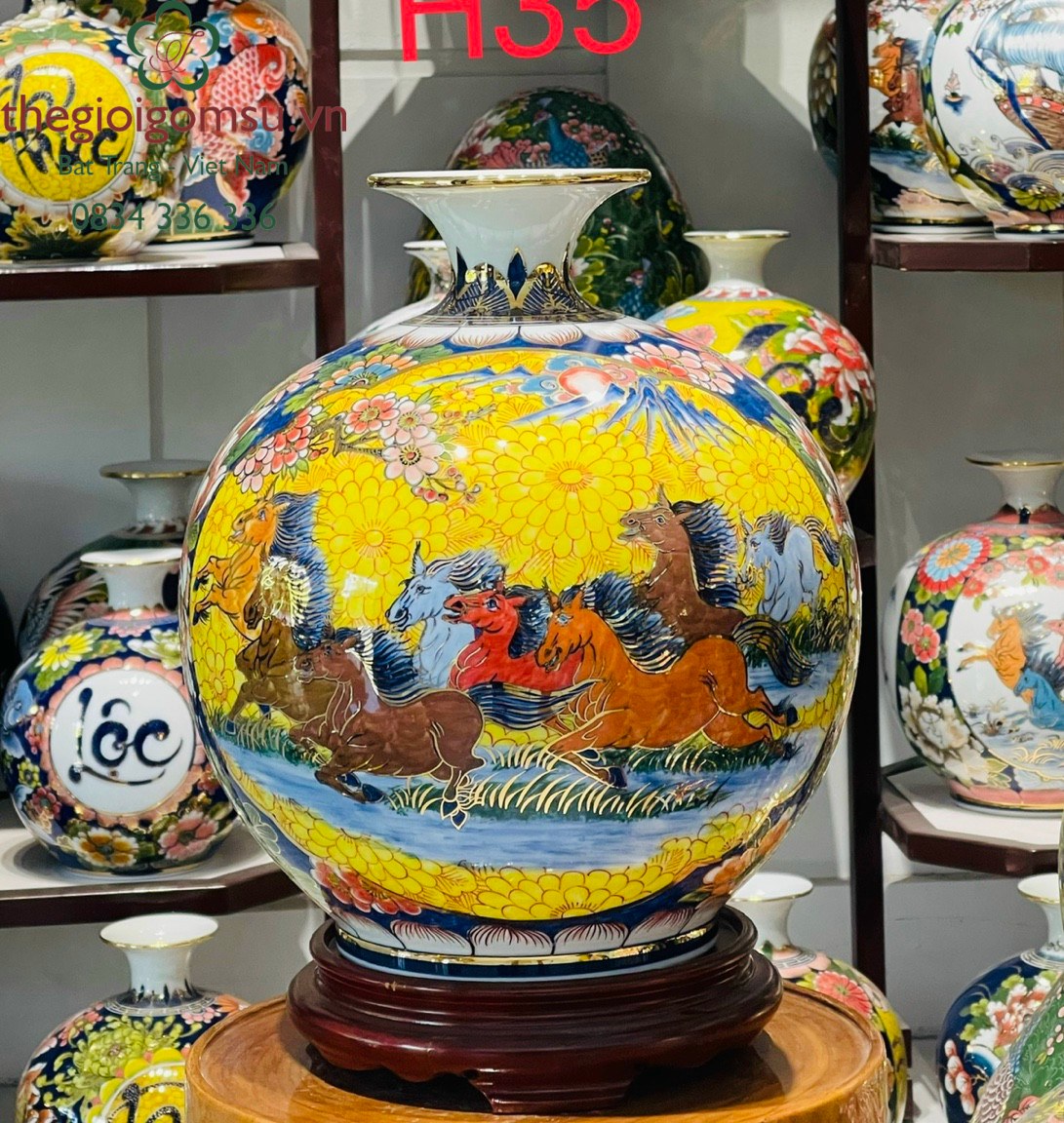 Bình hút Tài Lộc "Thuận Buồm Xuôi Gió - Mã Đáo Thành Công" vẽ vàng kim nền vàng đại cát