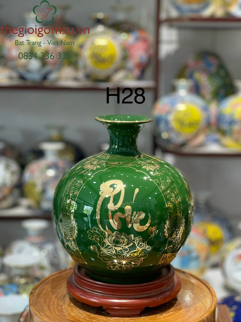Bình hút Tài Lộc nền xanh diệp lục Tứ Cảnh " Phúc - Đức - Tài - Lộc"