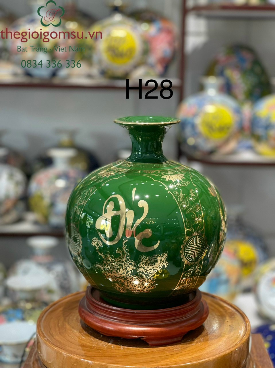 Bình hút Tài Lộc nền xanh diệp lục Tứ Cảnh " Phúc - Đức - Tài - Lộc"