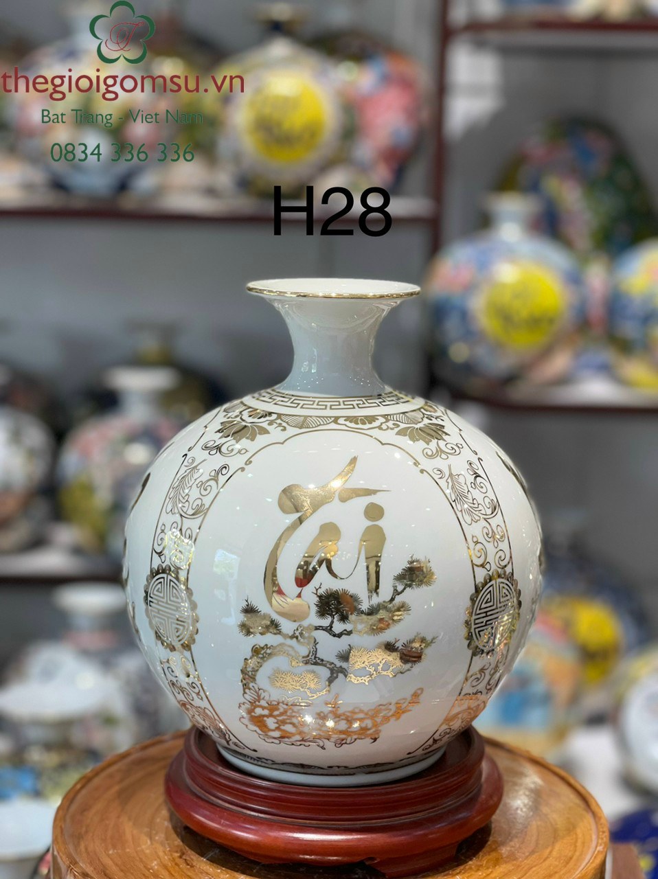 Bình hút Tài Lộc Tứ Cảnh ' Phúc - Đức - Tài - Lộc" nền trắng ngọc