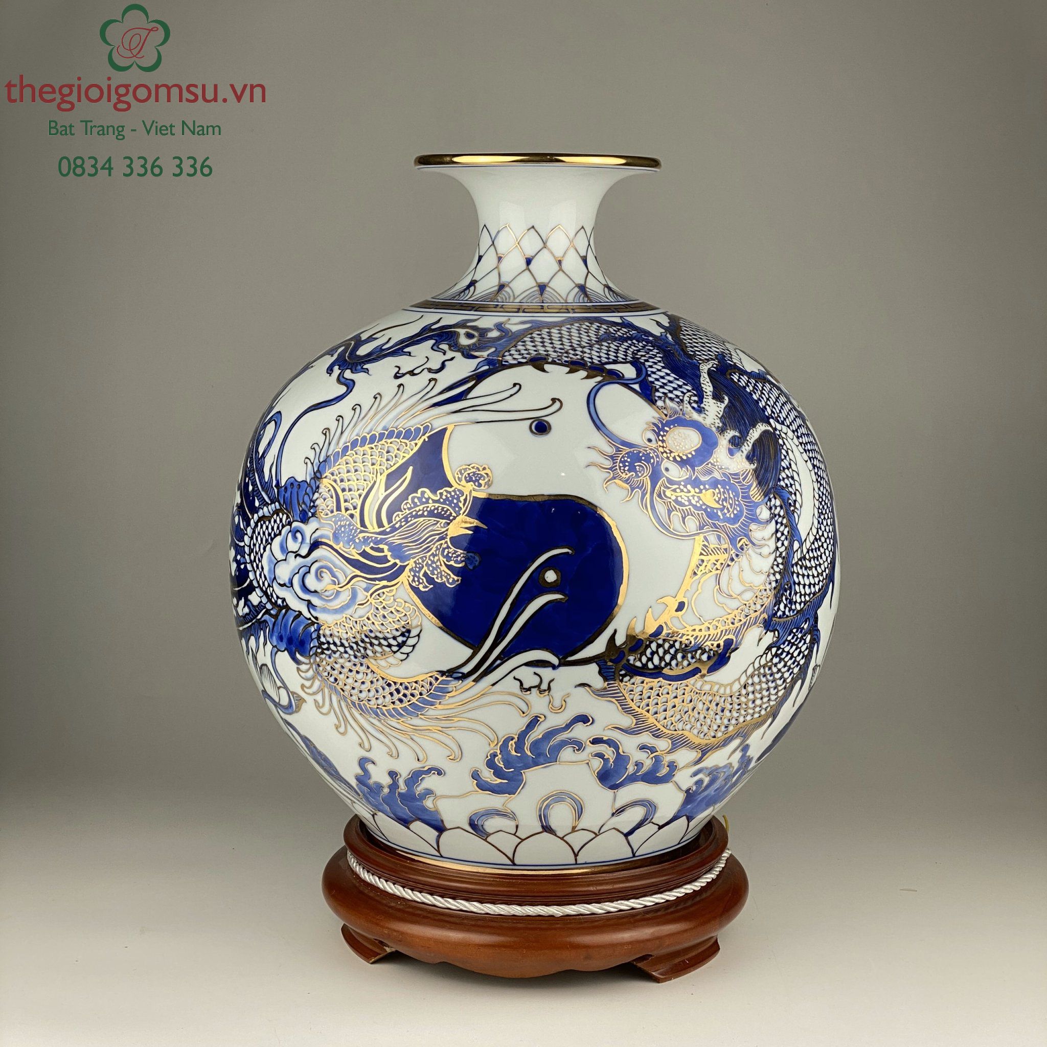 Bình hút tài lộc long phụng sum vầy vẽ vàng 24k