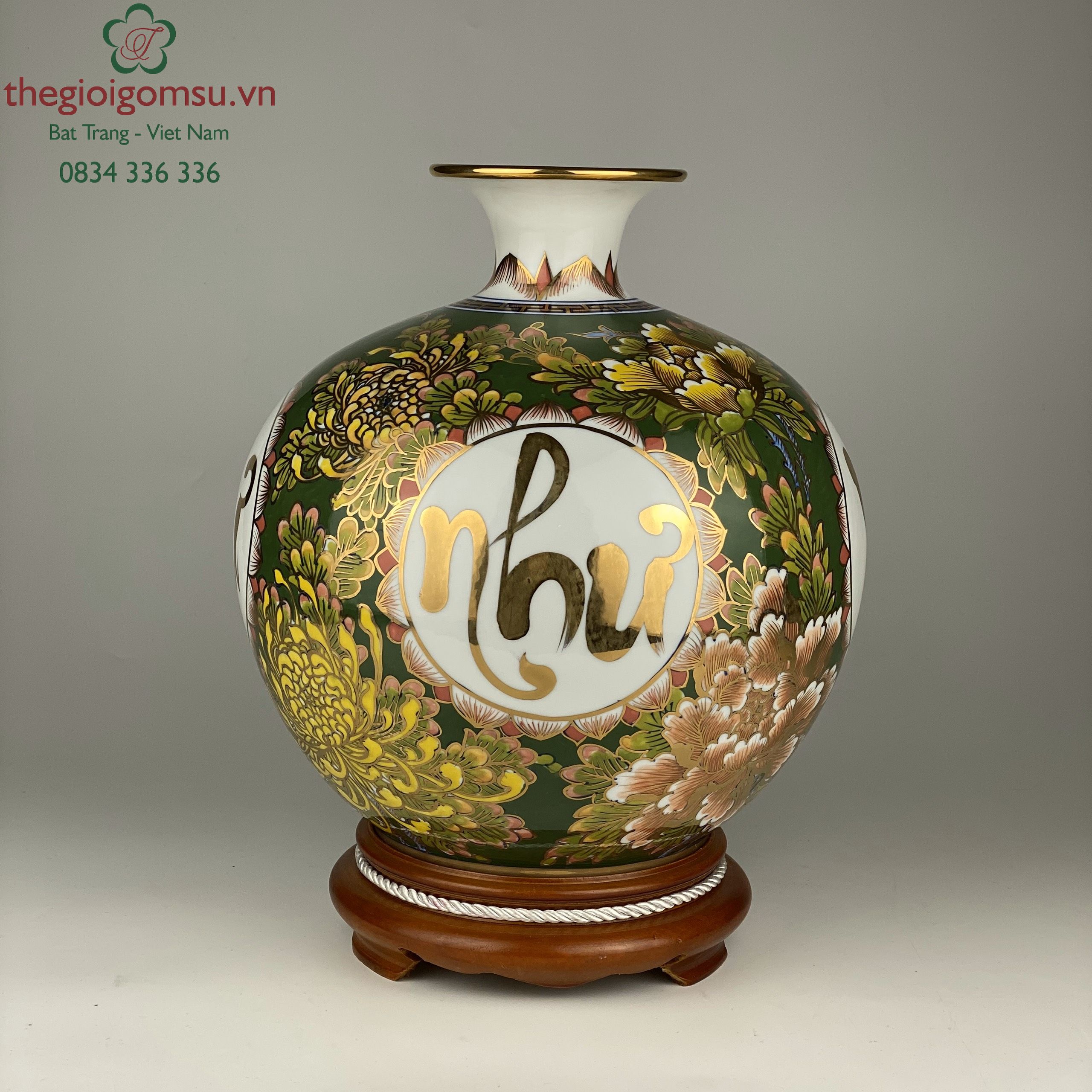 Bình hút tài lộc chữ vạn, sự, như, ý nền hoa xanh lá vẽ vàng 24k