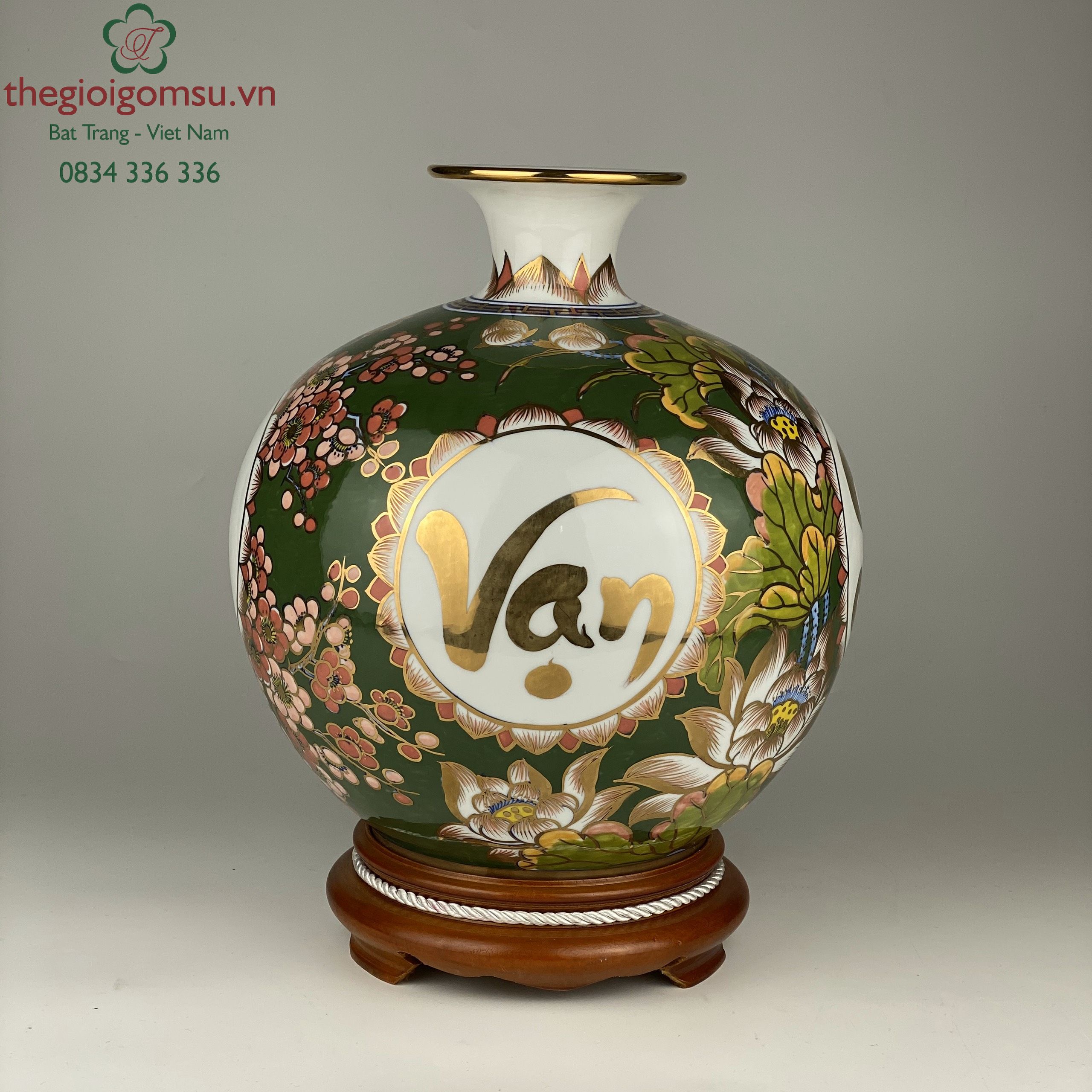 Bình hút tài lộc chữ vạn, sự, như, ý nền hoa xanh lá vẽ vàng 24k