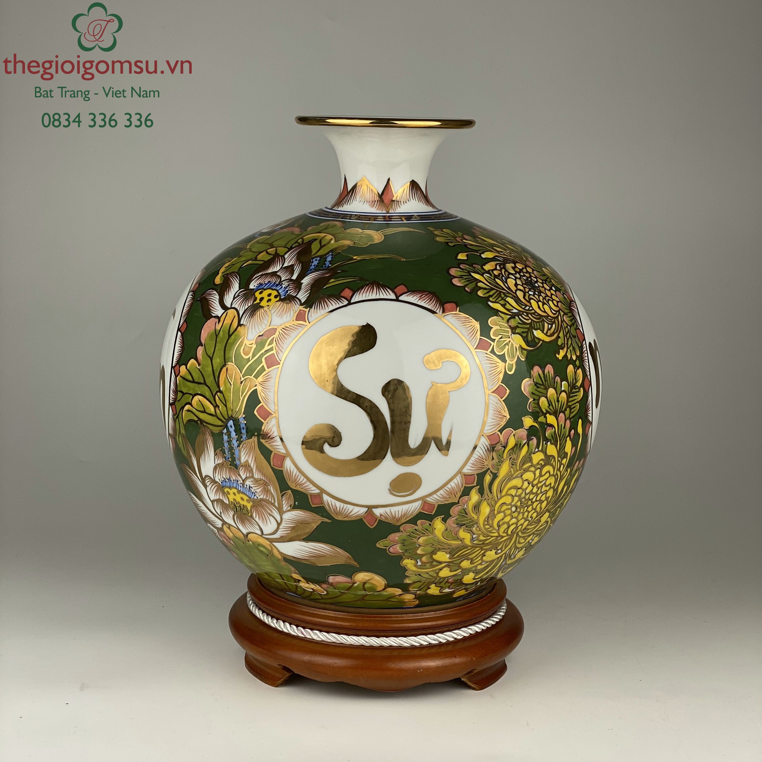 Bình hút tài lộc chữ vạn, sự, như, ý nền hoa xanh lá vẽ vàng 24k