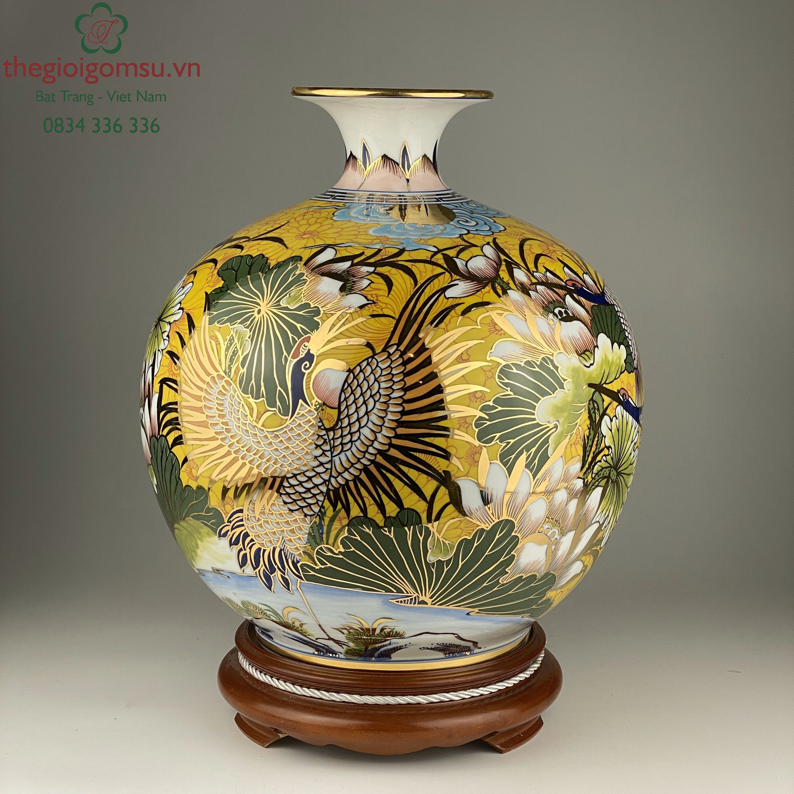 Bình hút tài lộc "Hạc hoa sen" nền hoa vàng đại cát vẽ vàng