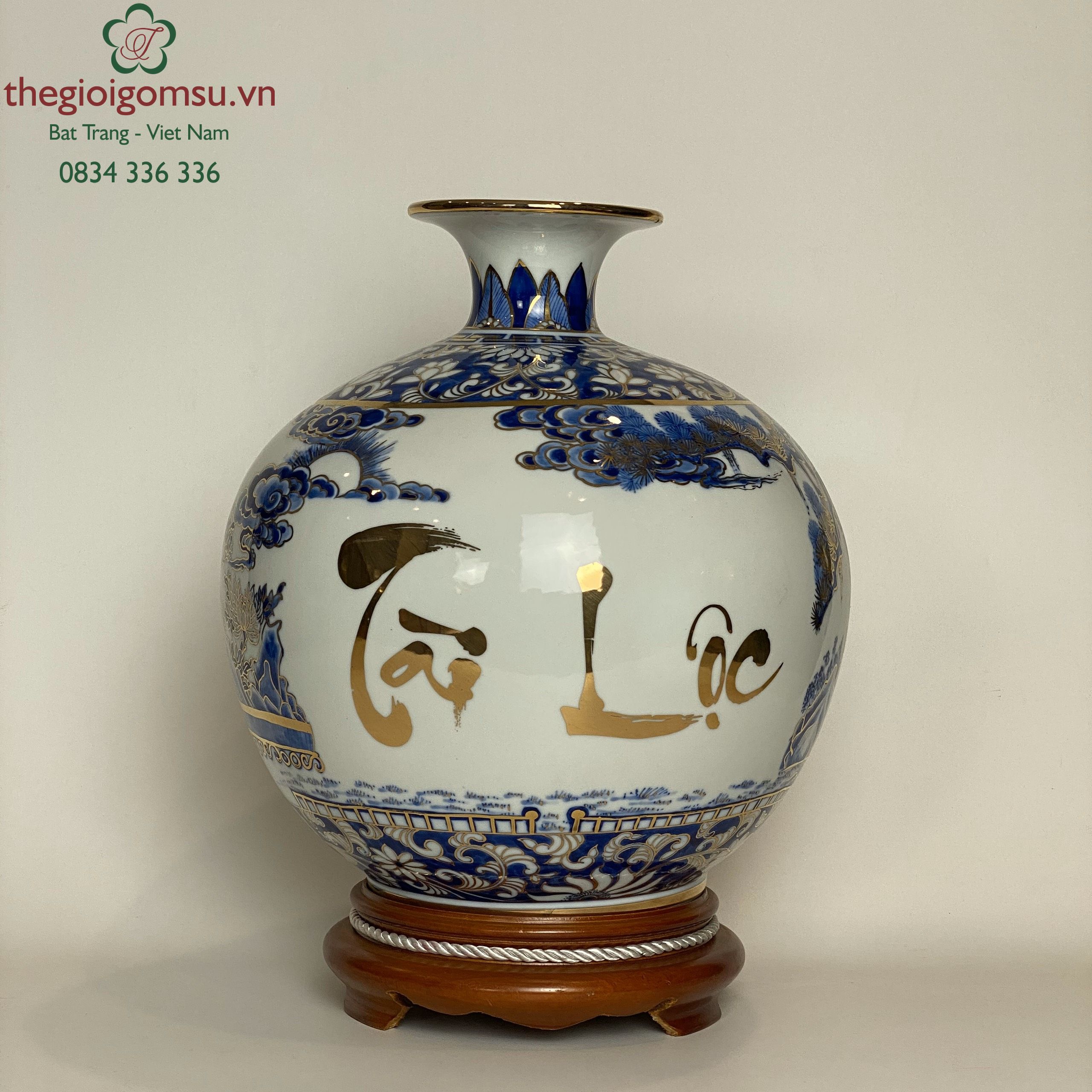 Bình Hút Tài Lộc chữ "Tài Lộc" nền trắng men tràm vẽ vàng