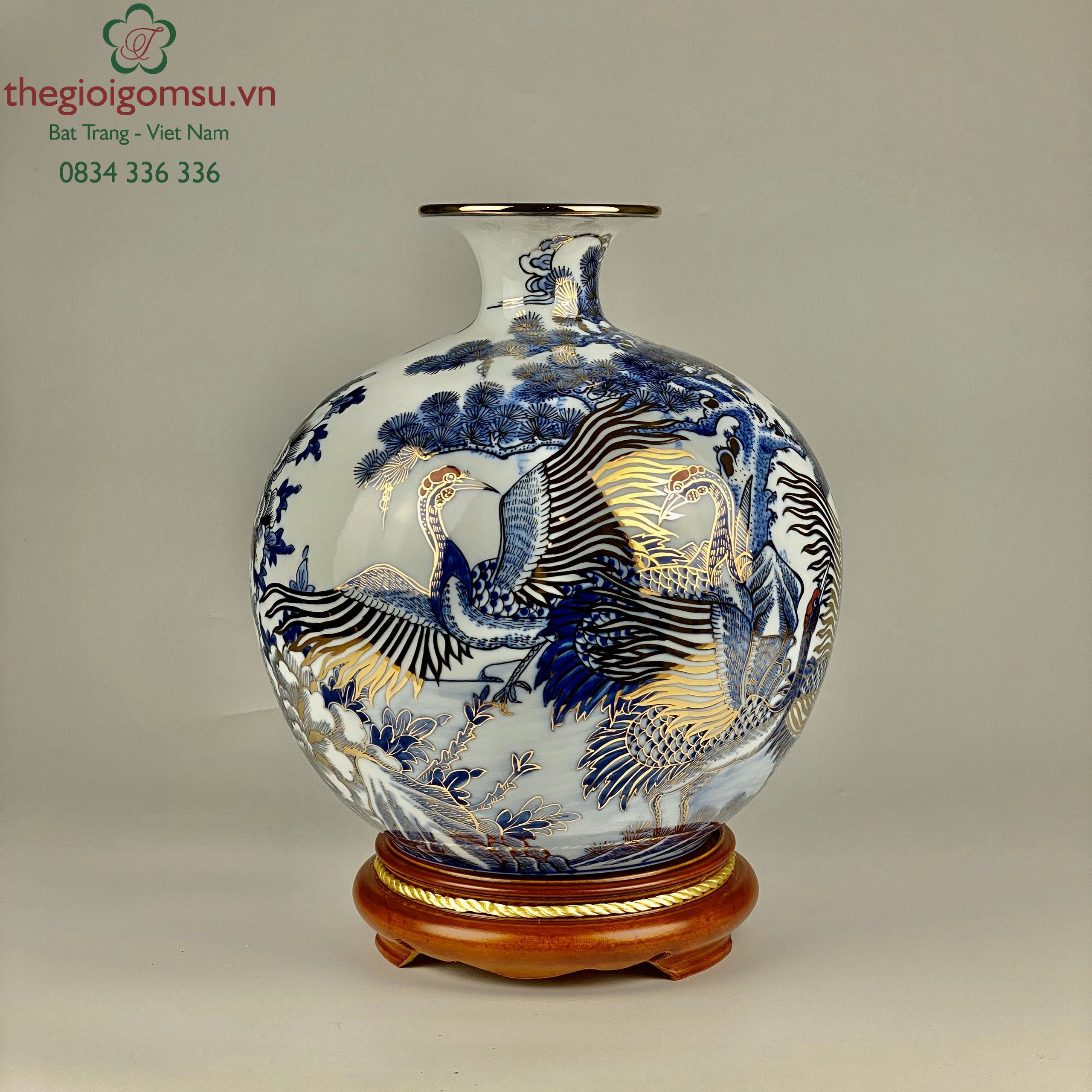 Bình Hút Tài Lộc Tùng Hạc Diên Niên vẽ vàng 24k