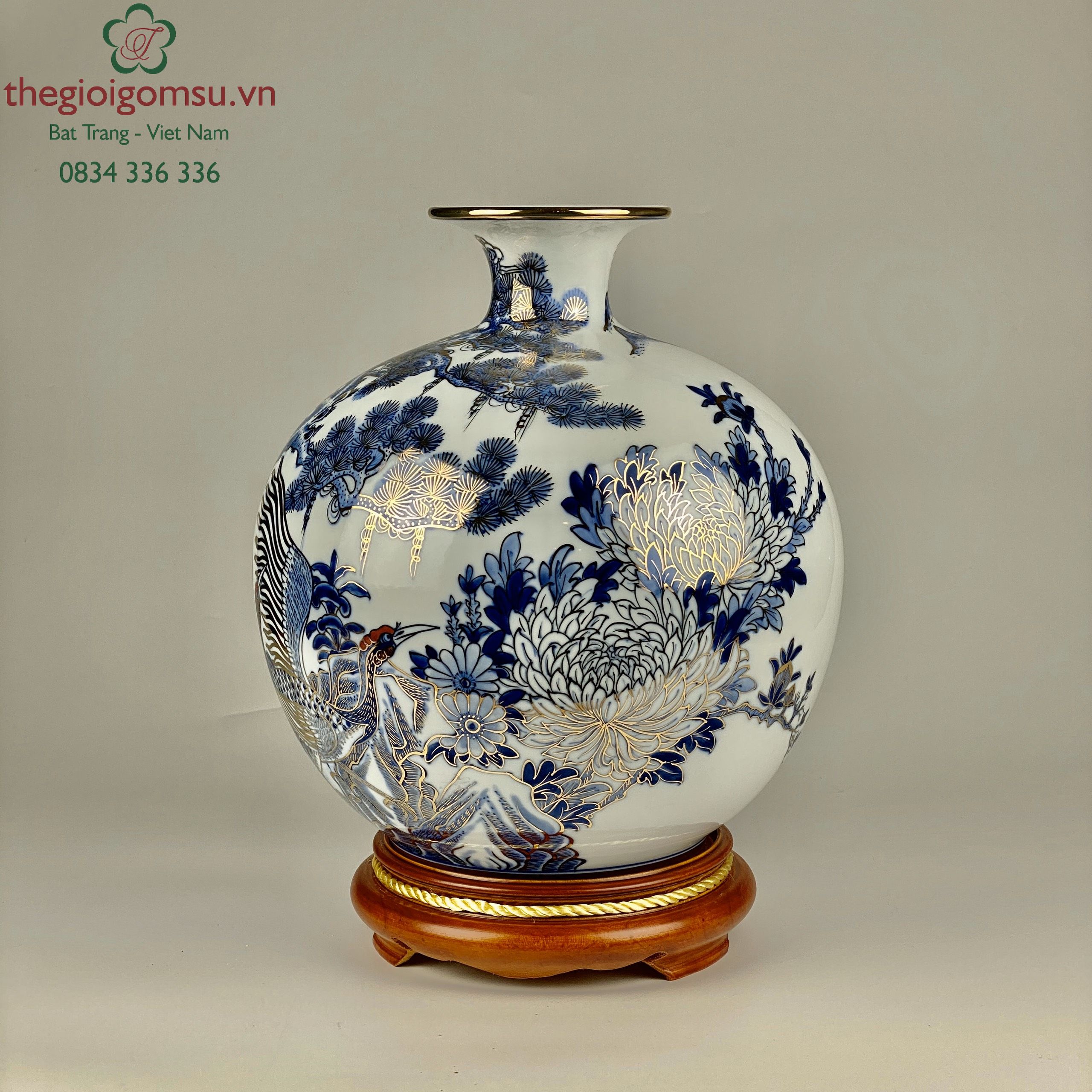 Bình Hút Tài Lộc Tùng Hạc Diên Niên vẽ vàng 24k