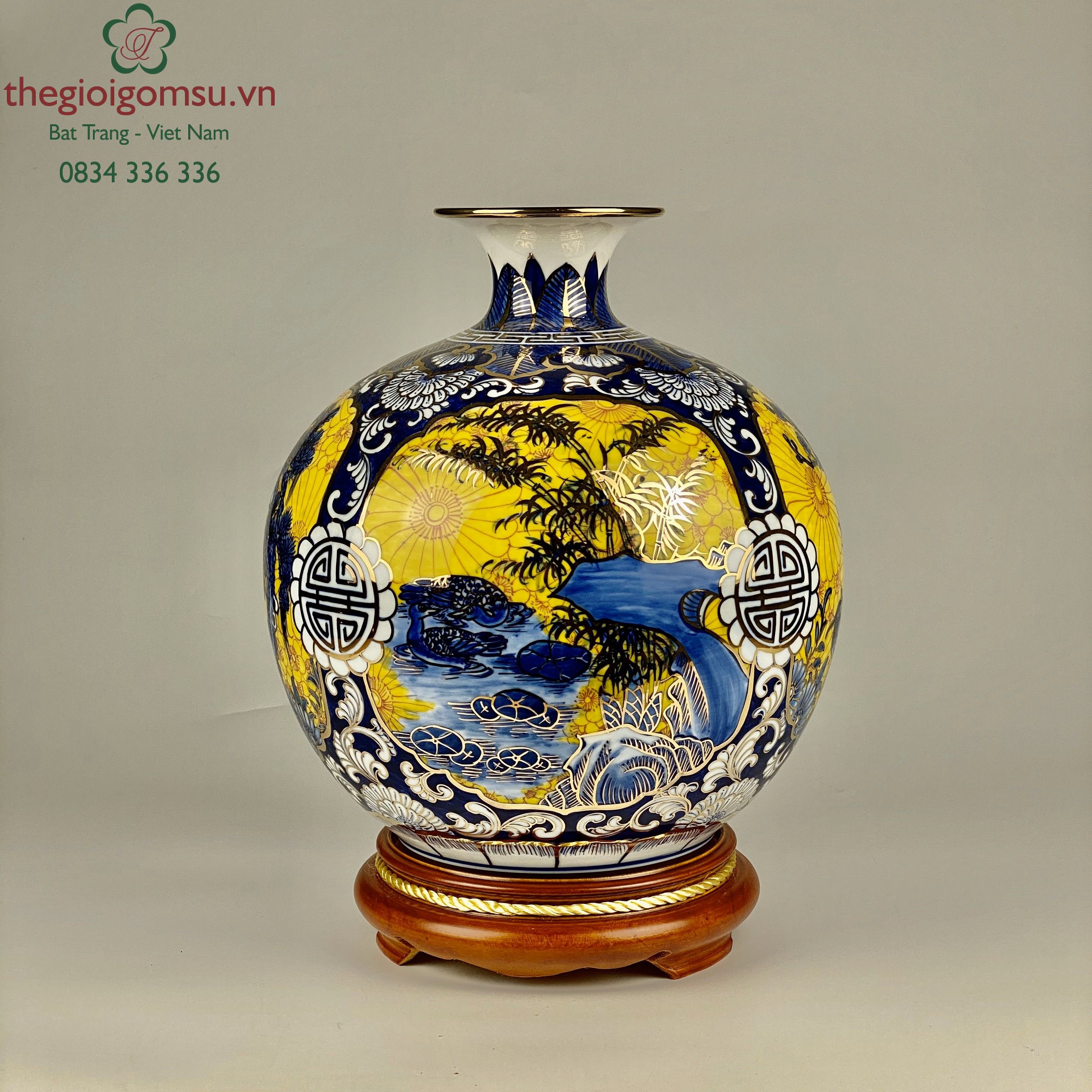 Bình hút tài lộc tứ cảnh bốn mùa nền hoa vàng vẽ vàng 24k