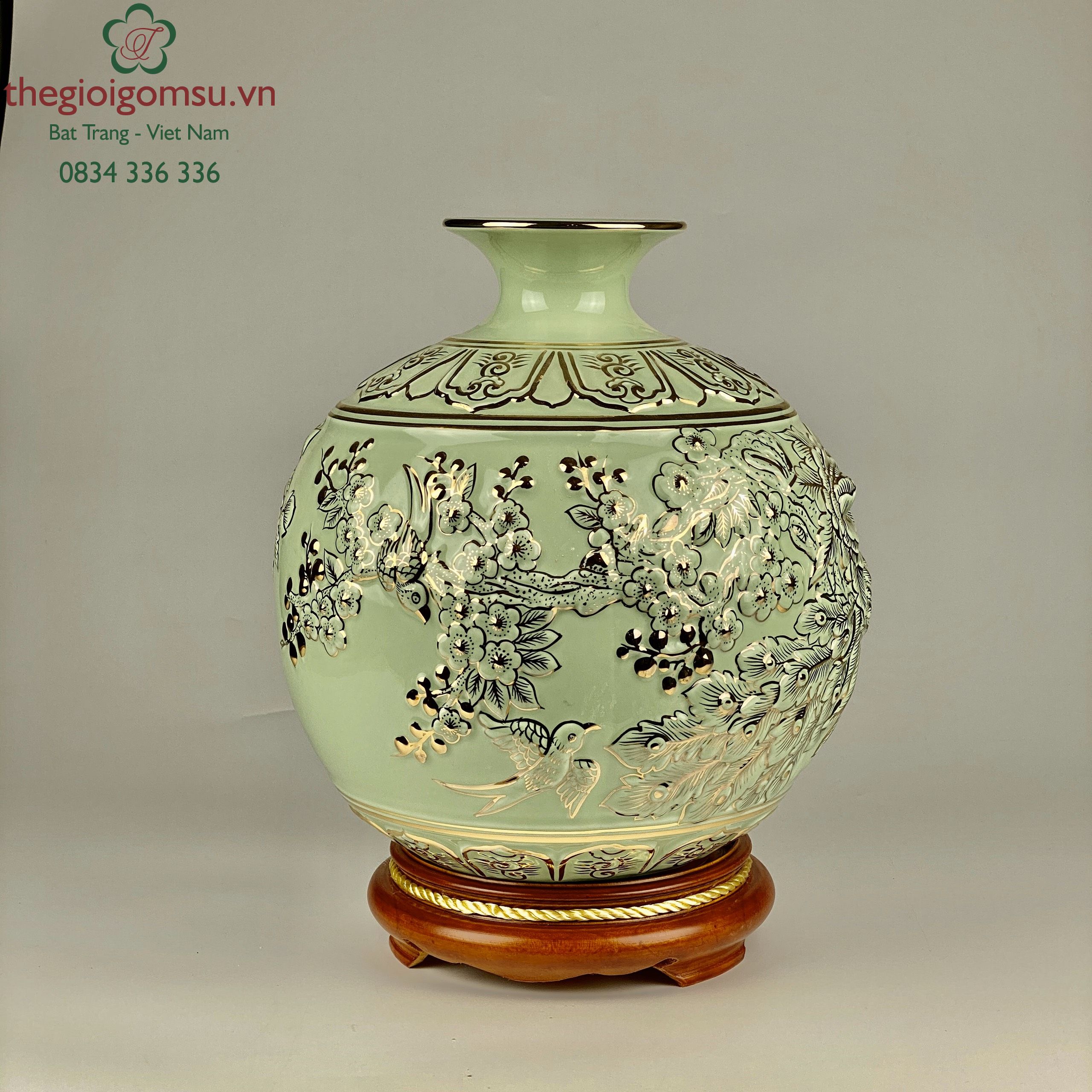 Bình Hút Tài Lộc "Phú Quý Trường Xuân" đắp nổi màu xanh ngọc vẽ vàng 24k