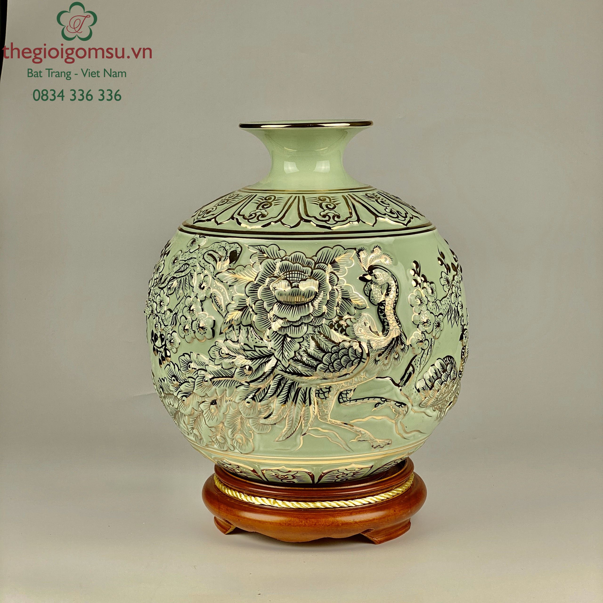 Bình Hút Tài Lộc "Phú Quý Trường Xuân" đắp nổi màu xanh ngọc vẽ vàng 24k