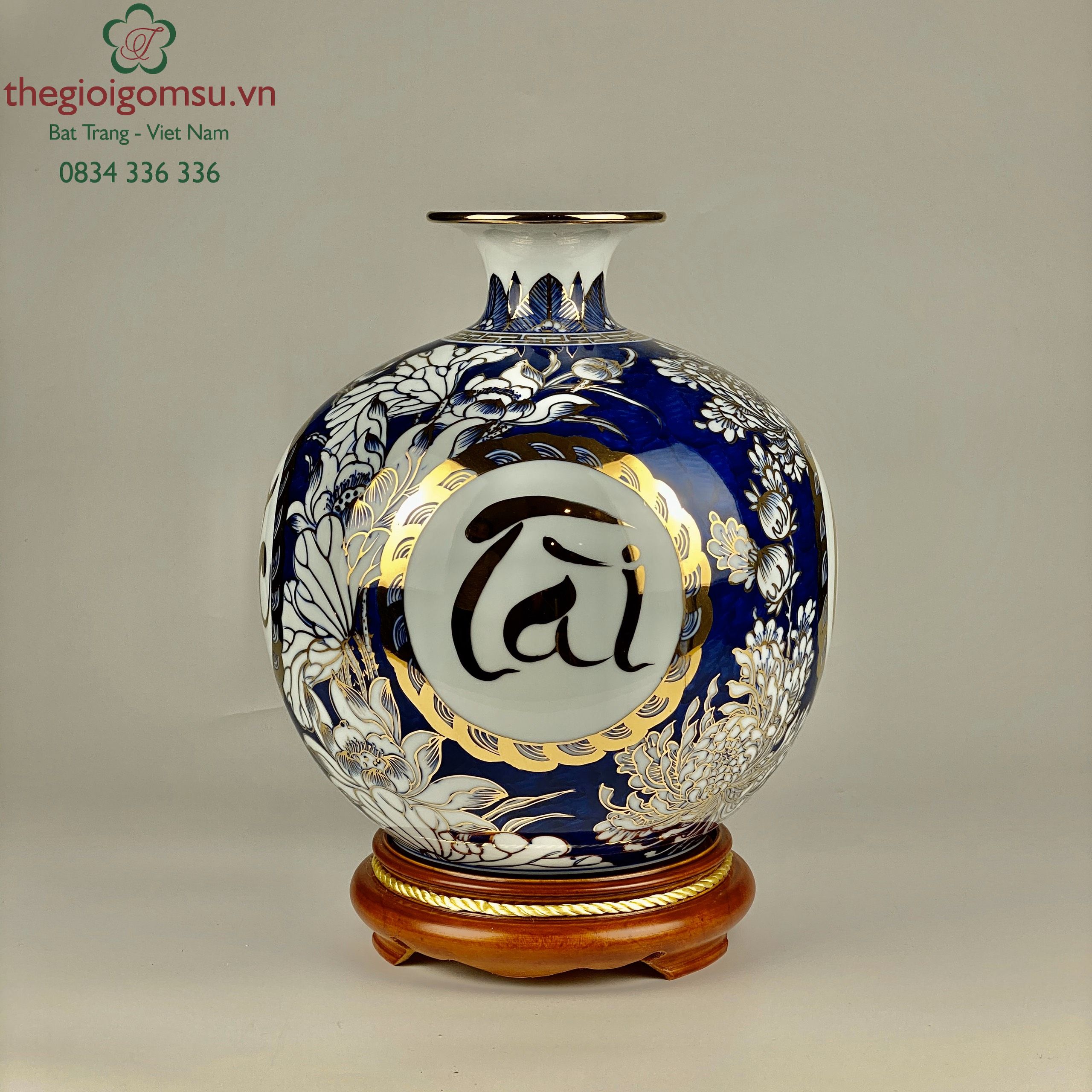 Bình Hút Tài Lộc " Chữ Phức, Đức, Tài, Lộc" nền hoa xanh coban vẽ vàng 24k