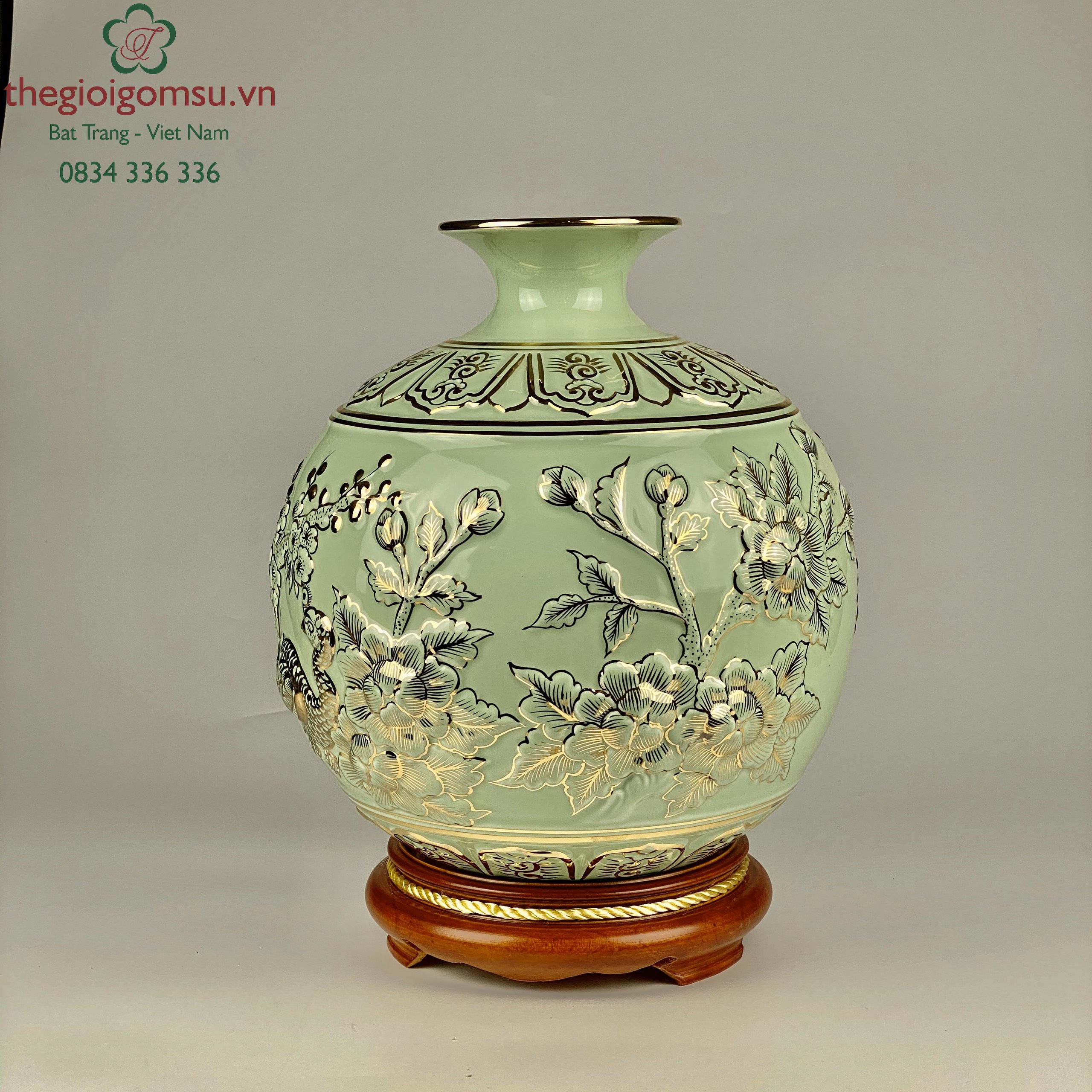 Bình Hút Tài Lộc "Phú Quý Trường Xuân" đắp nổi màu xanh ngọc vẽ vàng 24k