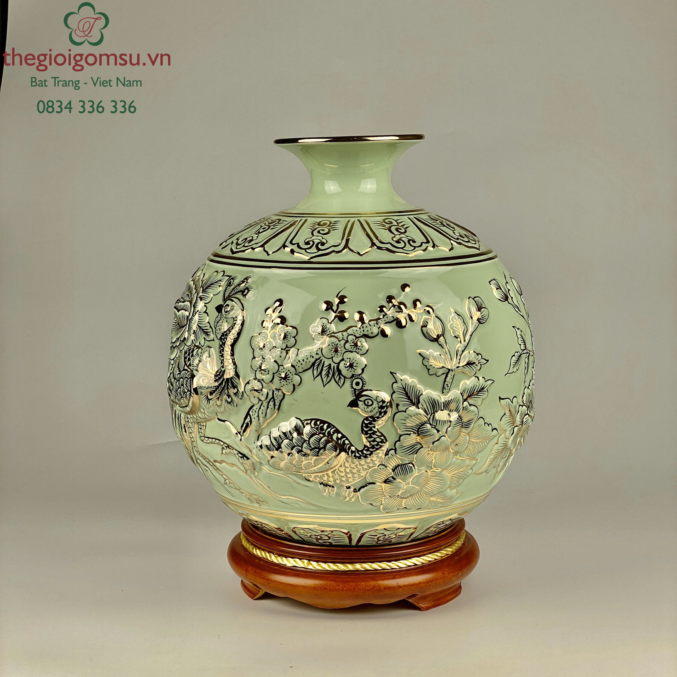 Bình Hút Tài Lộc "Phú Quý Trường Xuân" đắp nổi màu xanh ngọc vẽ vàng 24k