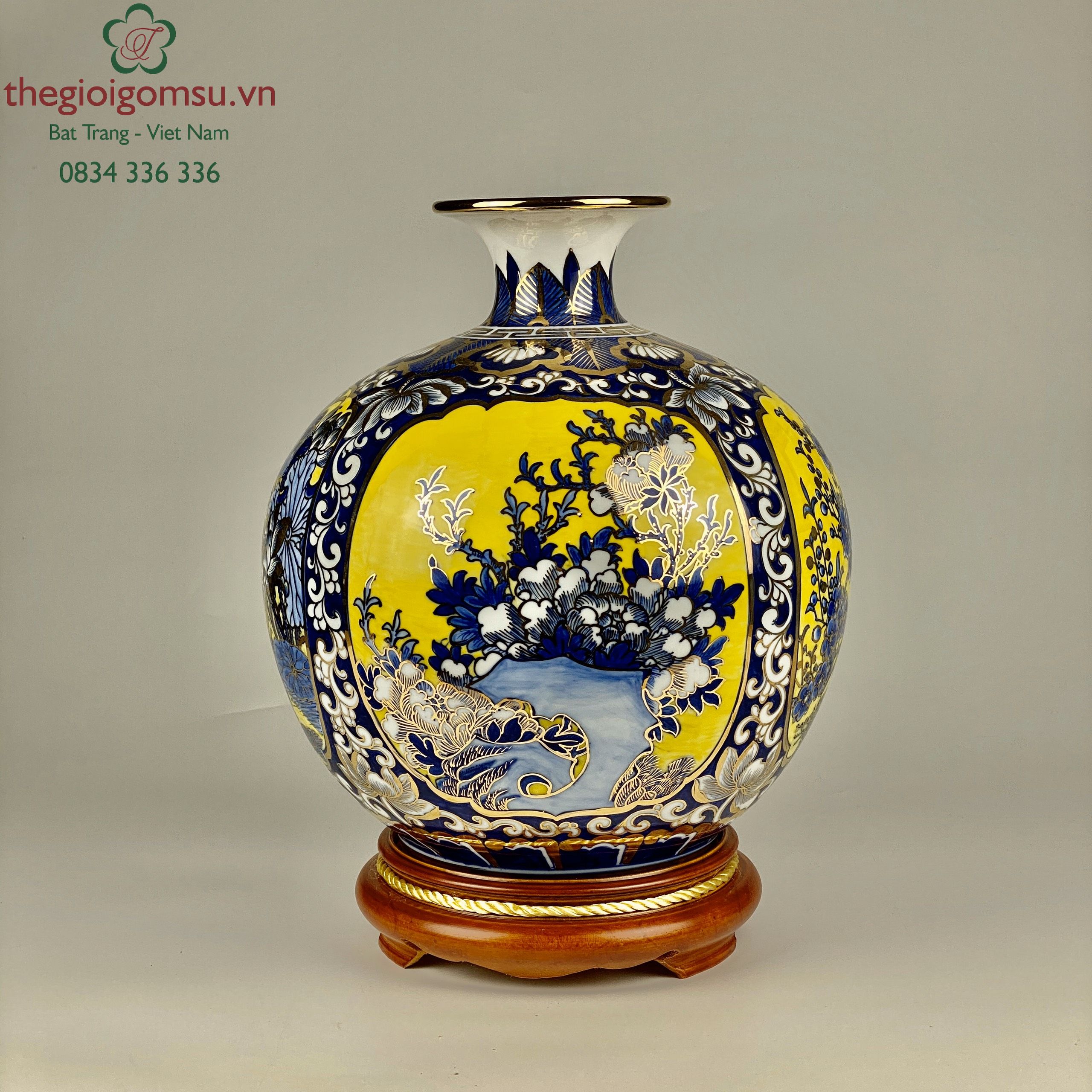 Bình Hút Tài Lộc tứ cảnh nền vàng vẽ vàng  tinh xảo