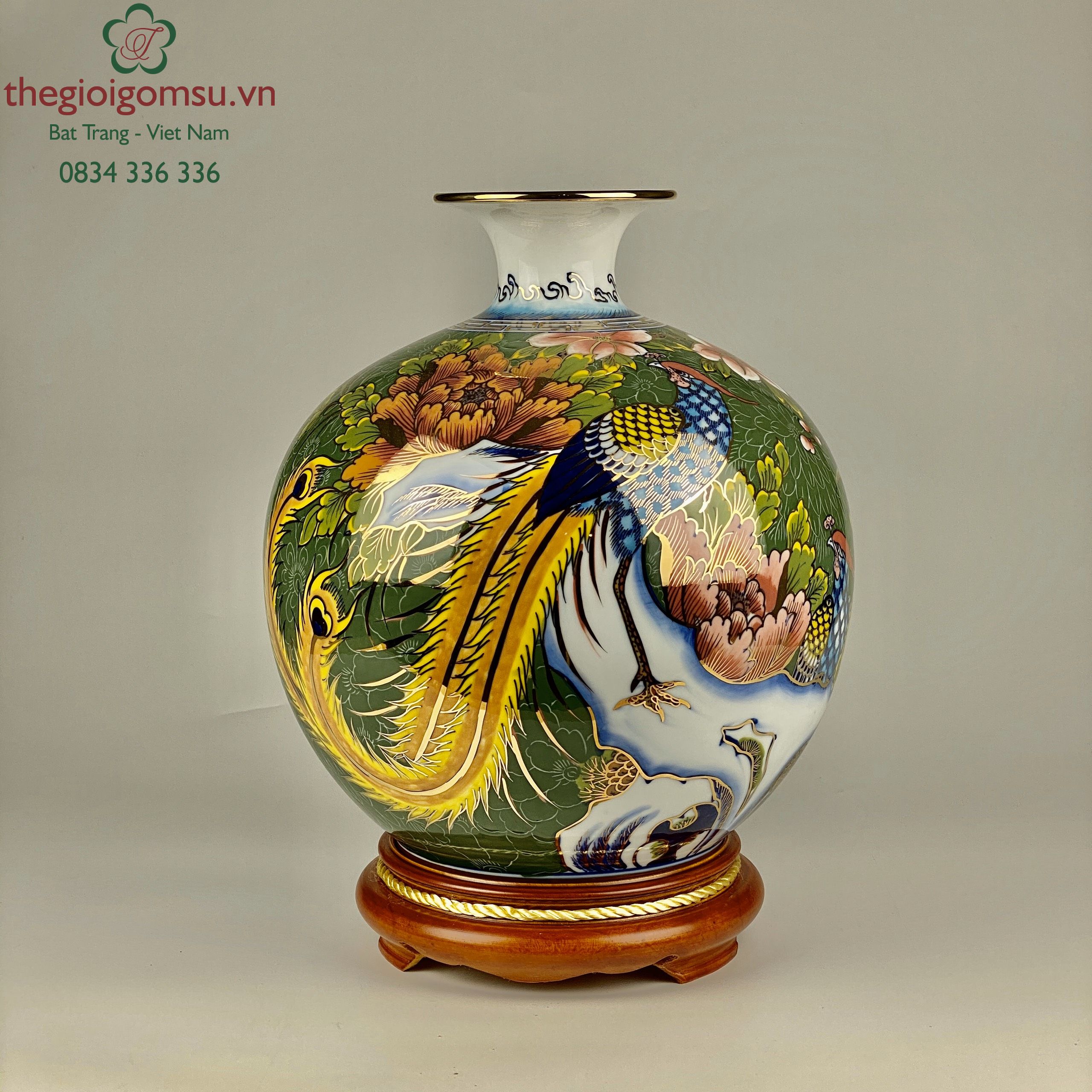 Bình Hút Tài Lộc "Chim Trĩ Bách Hoa" nền hoa gấm xanh vẽ vàng 24k