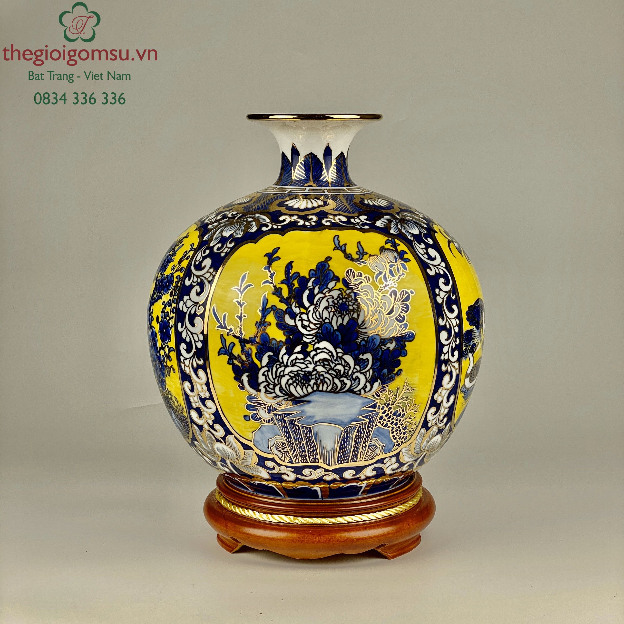 Bình Hút Tài Lộc tứ cảnh nền vàng vẽ vàng  tinh xảo