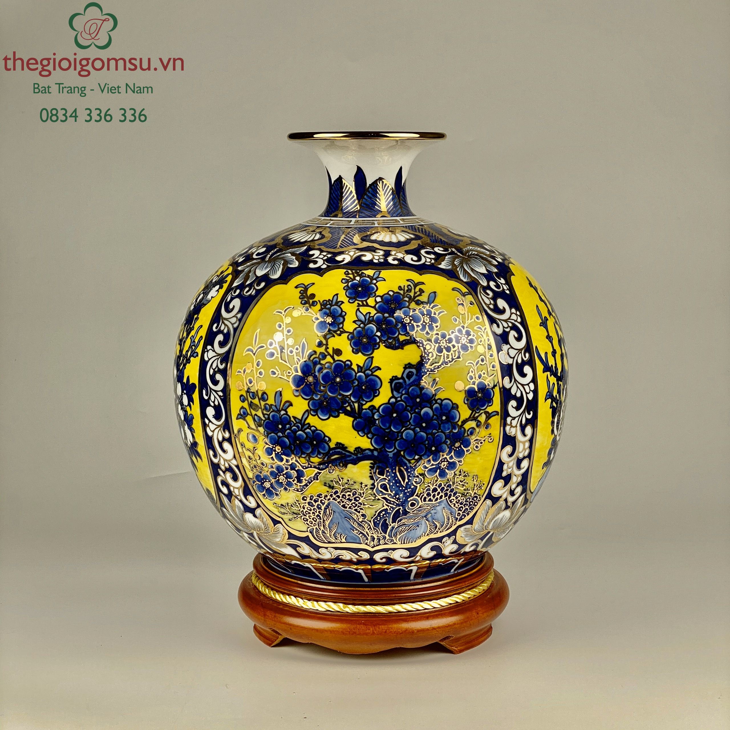 Bình Hút Tài Lộc tứ cảnh nền vàng vẽ vàng  tinh xảo