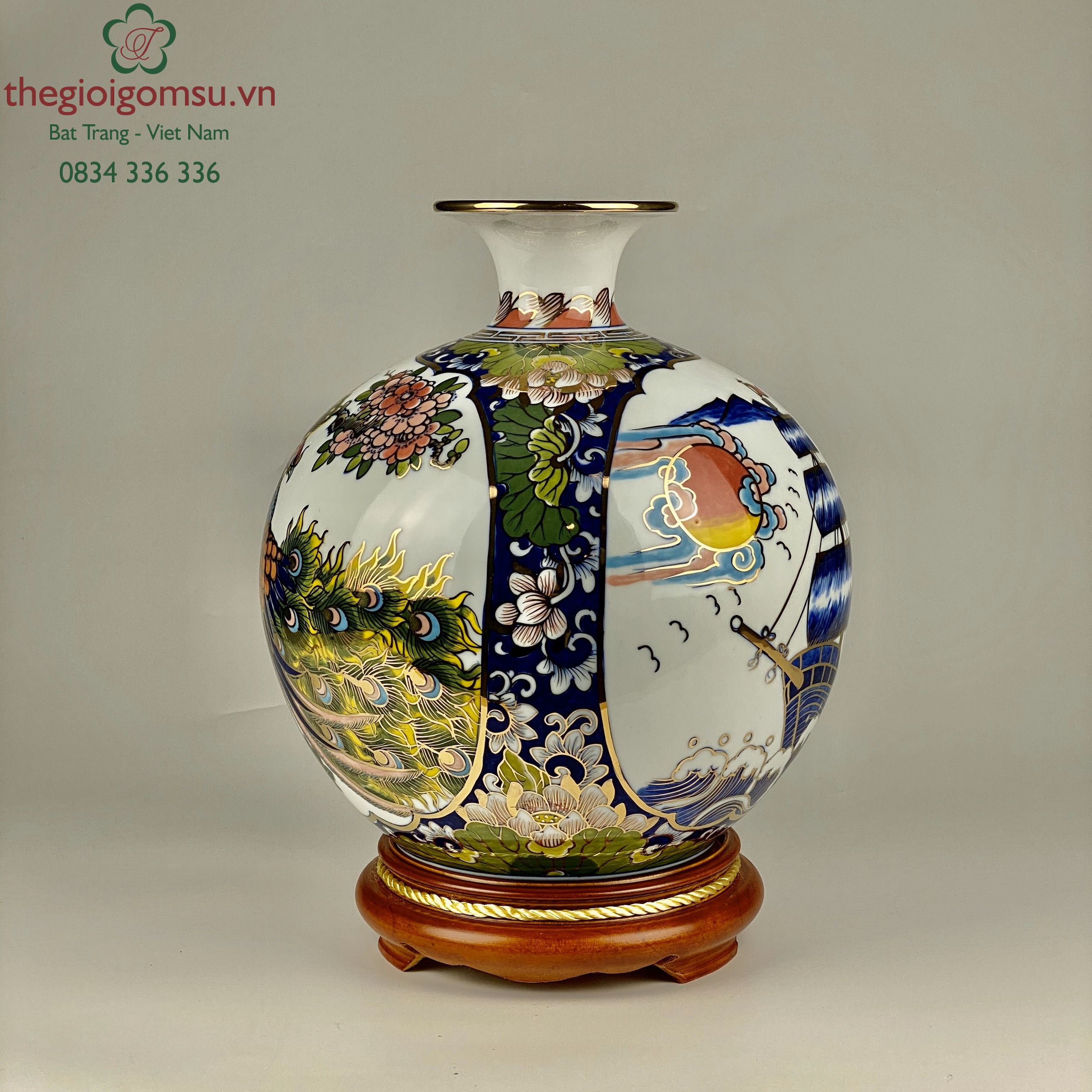 Bình Hút Tài Lộc "Nhị Cảnh Công -Thuyền màu" nền trắng vẽ vàng