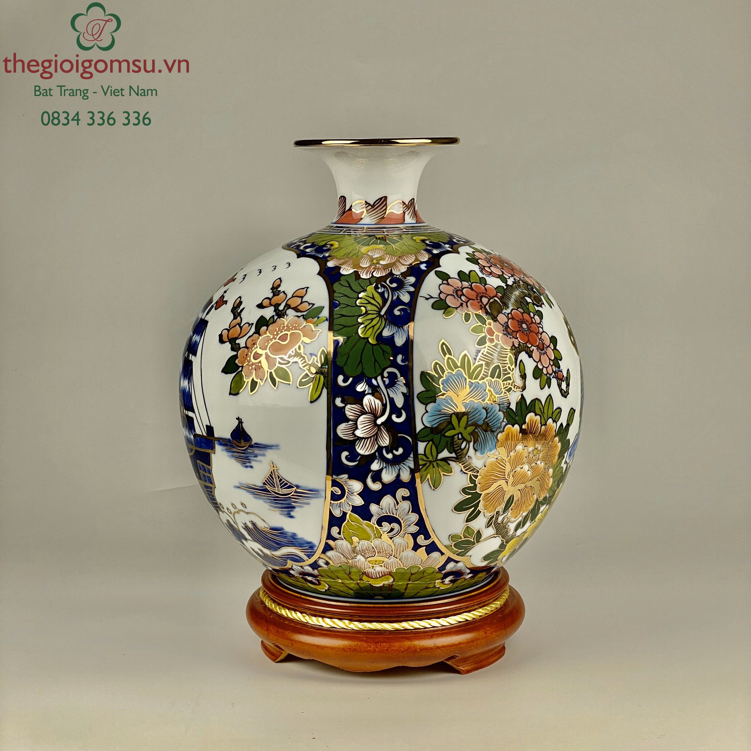 Bình Hút Tài Lộc "Nhị Cảnh Công -Thuyền màu" nền trắng vẽ vàng