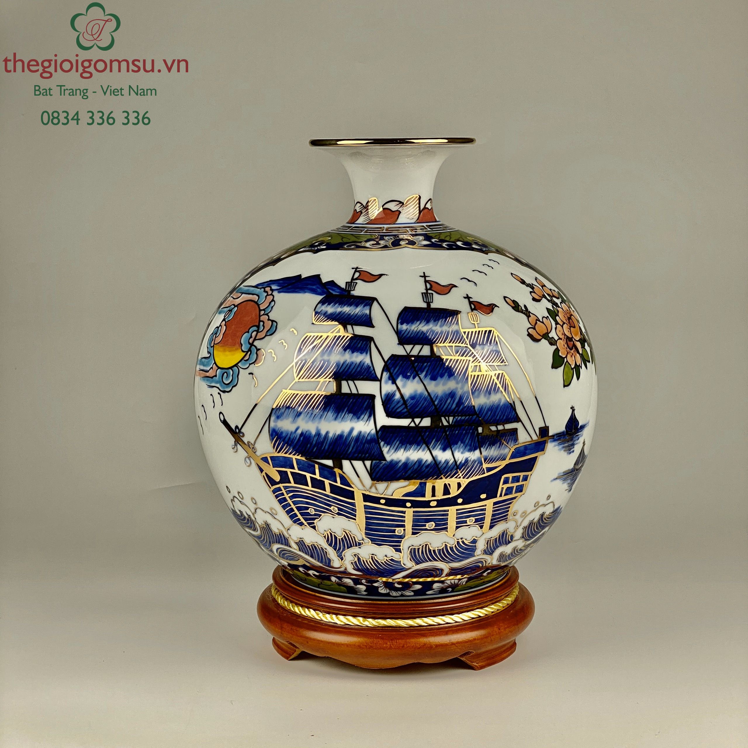 Bình Hút Tài Lộc "Nhị Cảnh Công -Thuyền màu" nền trắng vẽ vàng