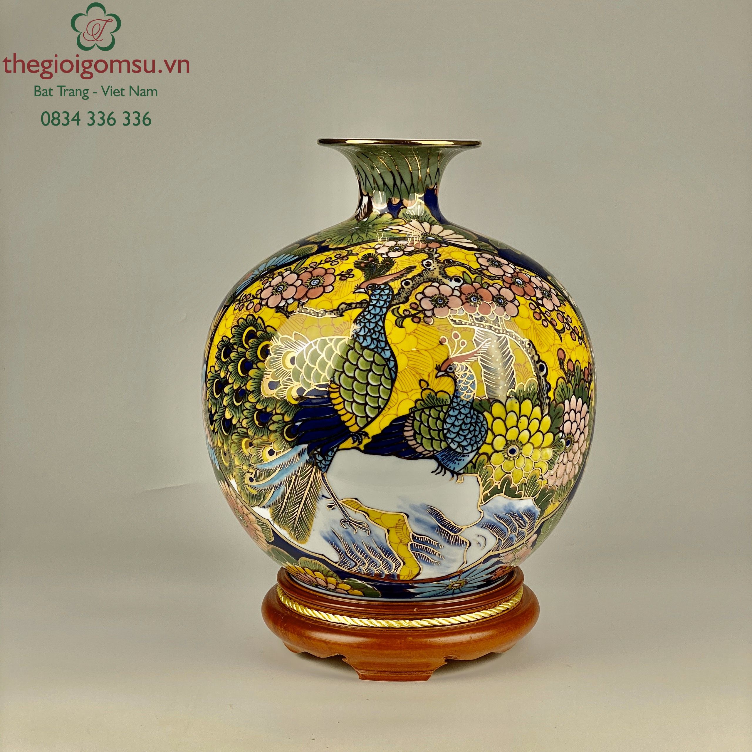 Bình Hút Tài Lôc "Nhị cảnh công - thuyền màu " nền hoa vàng vẽ vàng 24k