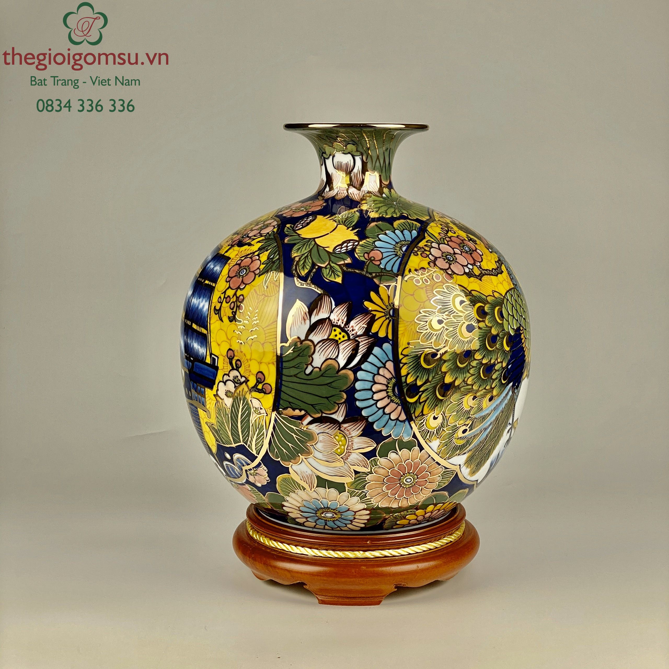 Bình Hút Tài Lôc "Nhị cảnh công - thuyền màu " nền hoa vàng vẽ vàng 24k