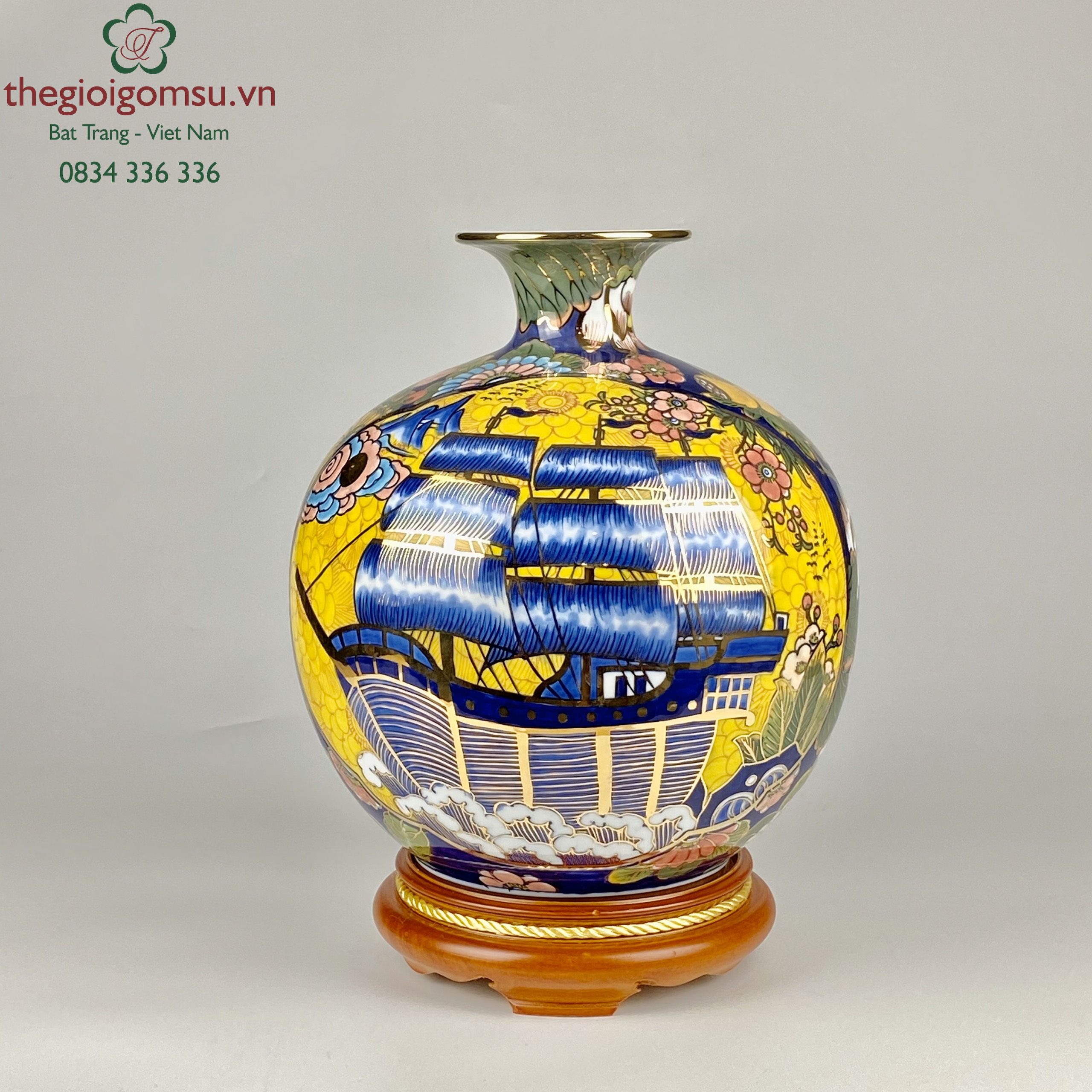 Bình Hút Tài Lôc "Nhị cảnh công - thuyền màu " nền hoa vàng vẽ vàng 24k