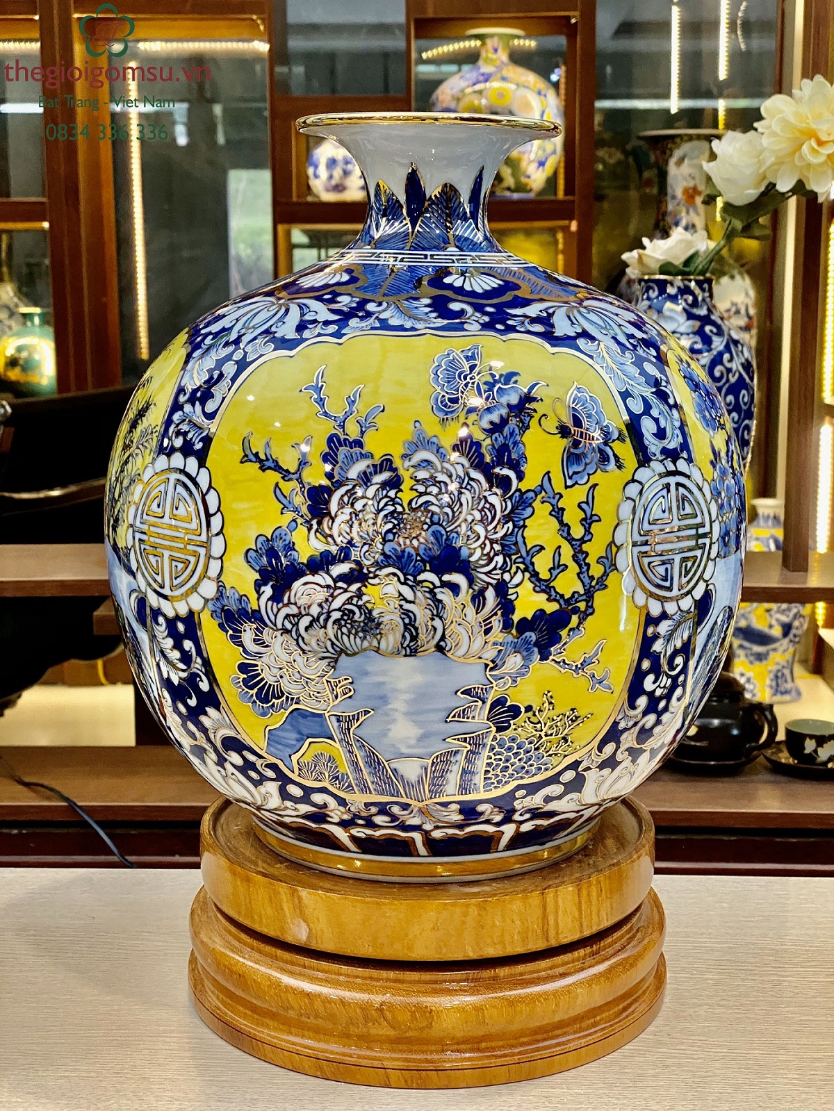 Bình hút tài lộc tứ cảnh nền vàng (2) vẽ vàng 24k