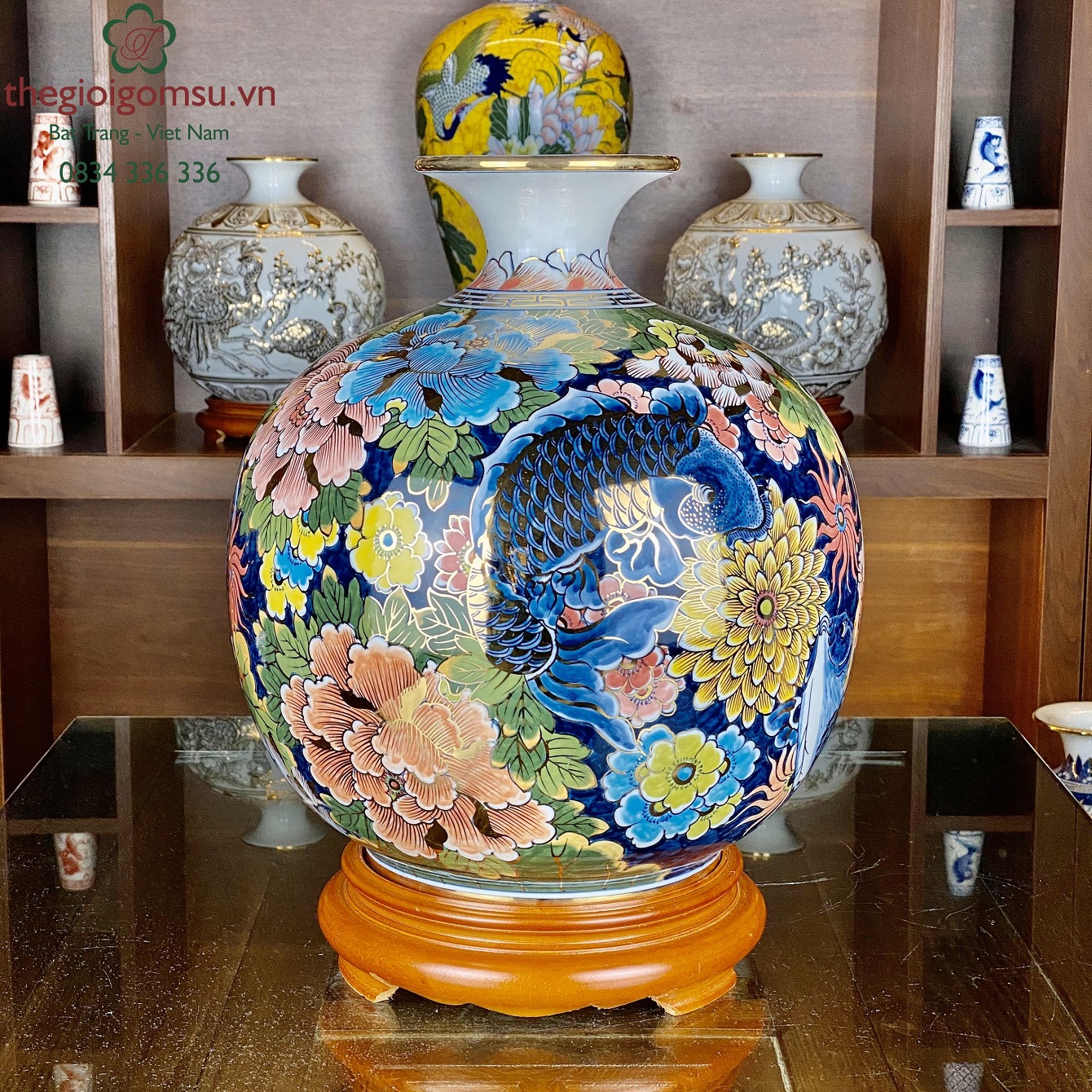 Bình Hút Tài Lộc "Cá Chép Bách Hoa chữ Phúc màu" vẽ 3D vẽ vàng 24k