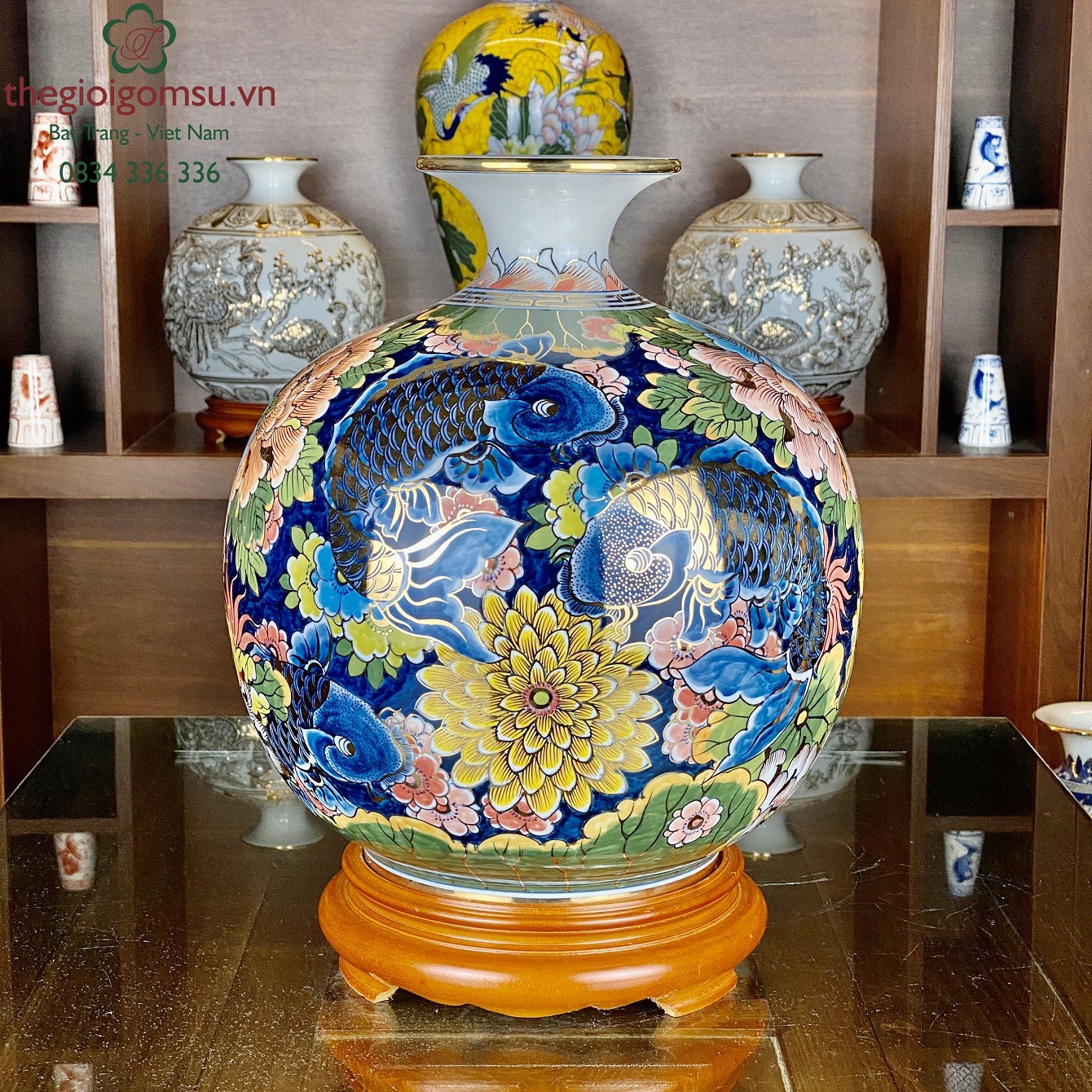 Bình Hút Tài Lộc "Cá Chép Bách Hoa chữ Phúc màu" vẽ 3D vẽ vàng 24k