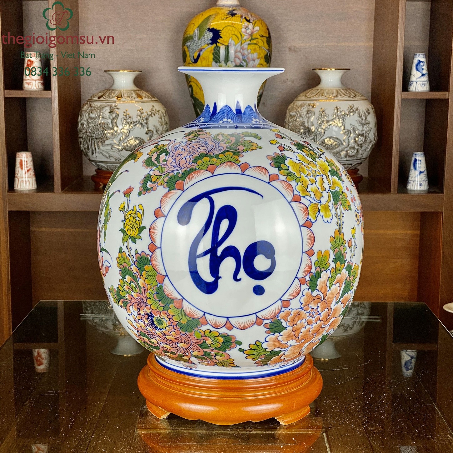 Bình hút tài lộc "Phúc- Lộc- Thọ" viền hoa trang trí màu