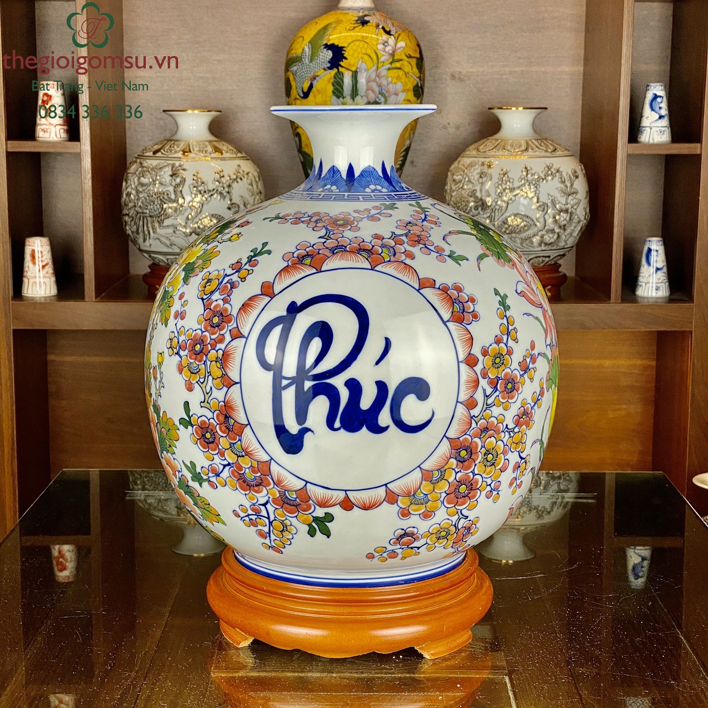 Bình hút tài lộc "Phúc- Lộc- Thọ" viền hoa trang trí màu