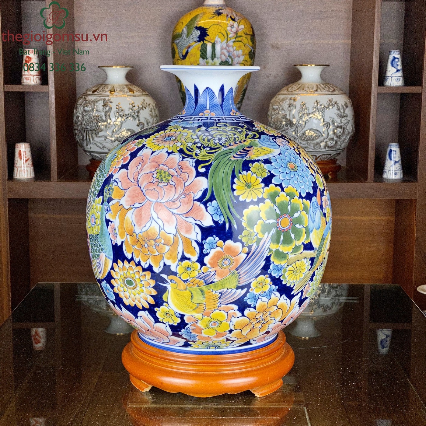 Bình hút lộc " Phú Quý Trường Xuân bách hoa" màu nền xanh coban